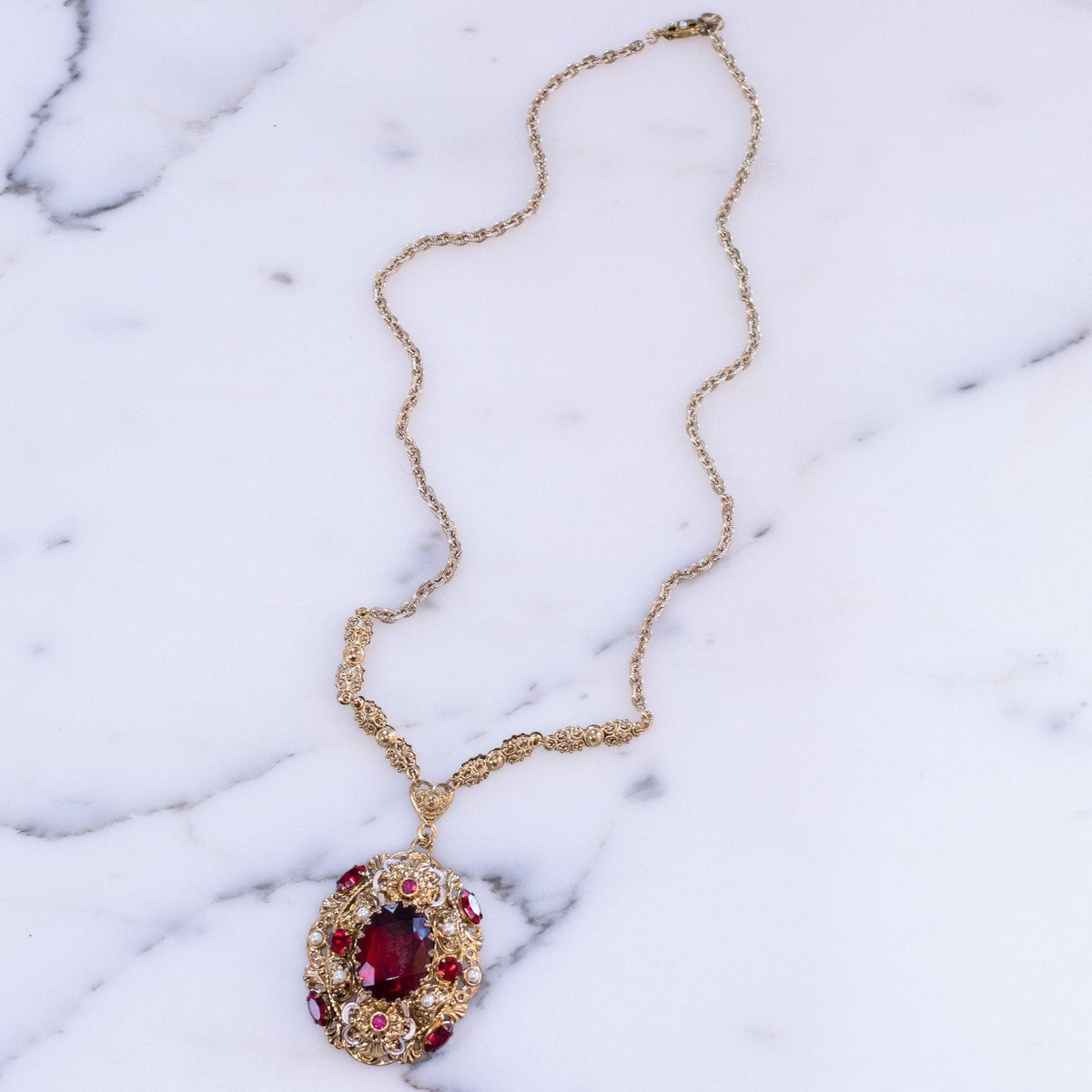 Vintage West Germany Gilt Filigree Pendant Necklace with Red Crystal, Pink Rhinestones and Faux Pearls