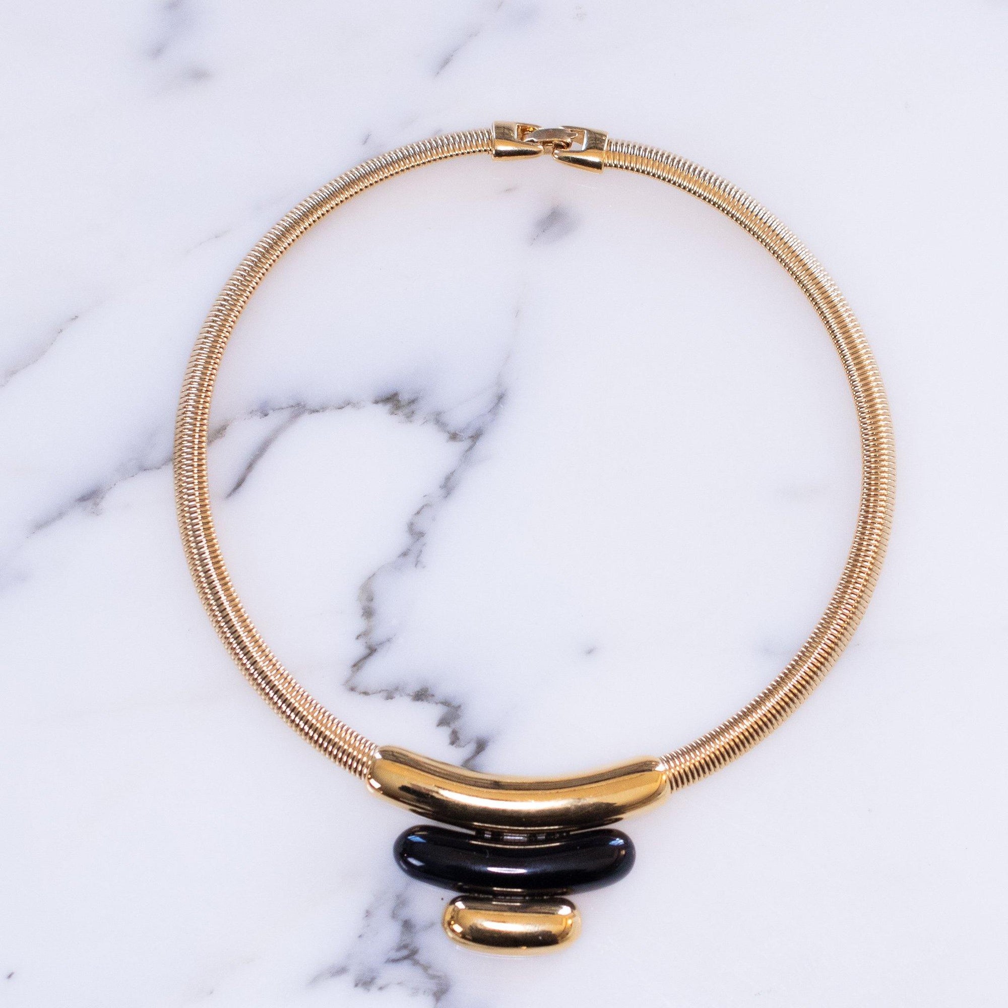 Vintage 1960s Monet Mod Gold Collar Necklace with Gold and Black Lucite Pendant by Monet - Vintage Meet Modern Vintage Jewelry - Chicago, Illinois - #oldhollywoodglamour #vintagemeetmodern #designervintage #jewelrybox #antiquejewelry #vintagejewelry
