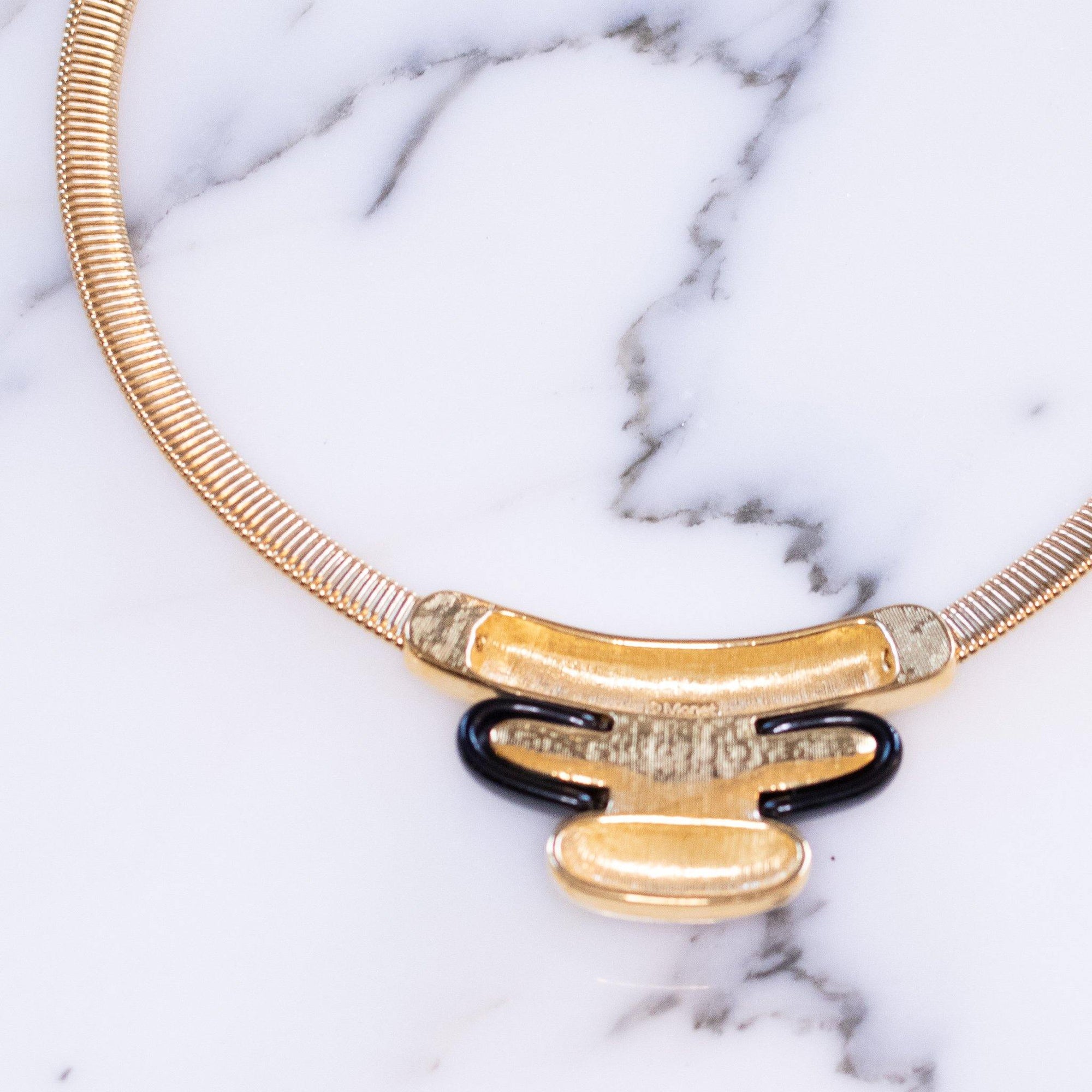 Vintage 1960s Monet Mod Gold Collar Necklace with Gold and Black Lucite Pendant by Monet - Vintage Meet Modern Vintage Jewelry - Chicago, Illinois - #oldhollywoodglamour #vintagemeetmodern #designervintage #jewelrybox #antiquejewelry #vintagejewelry