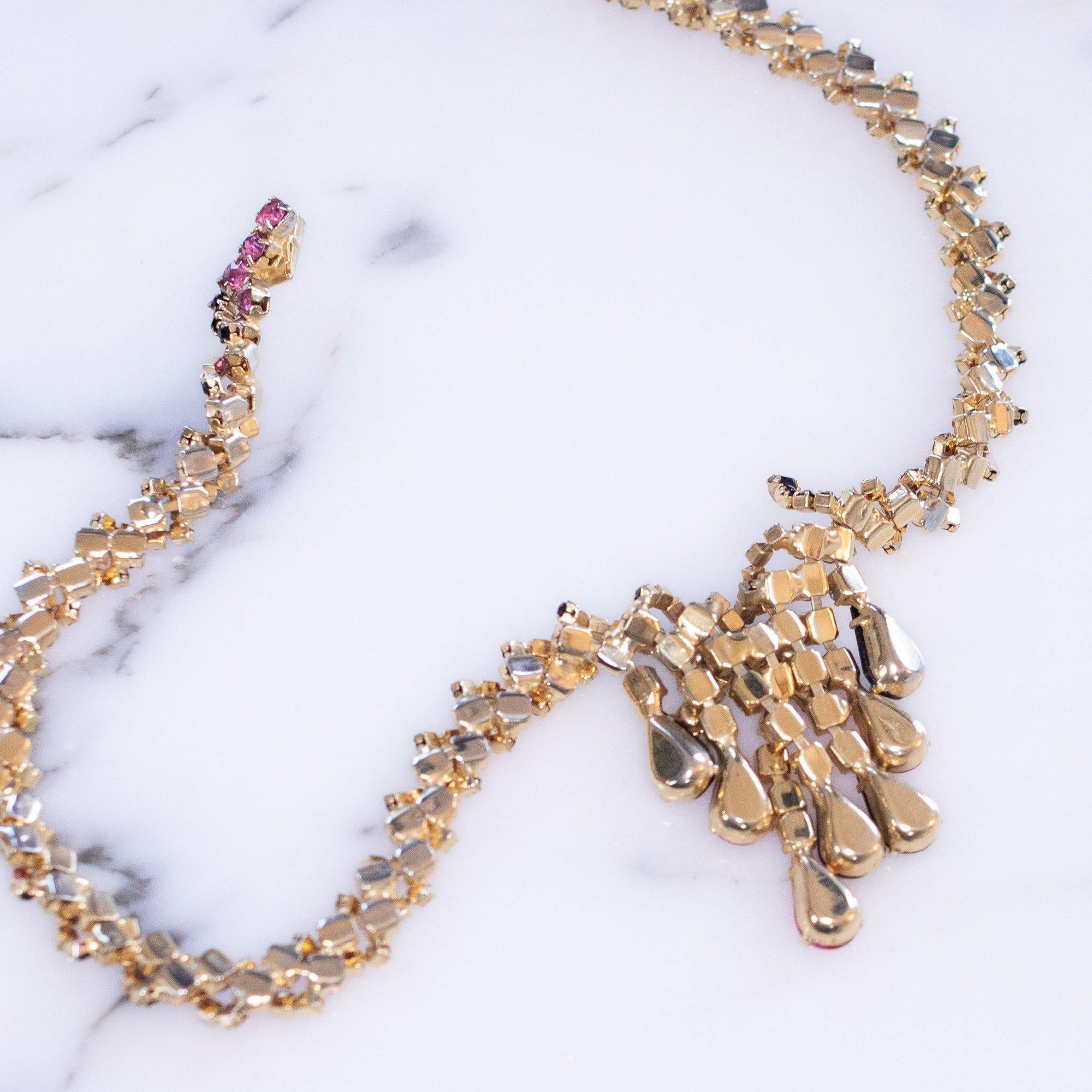 Vintage Kramer NY Pink and Black Rhinestone Tassel Necklace by Vintage Meet Modern - Vintage Meet Modern Vintage Jewelry - Chicago, Illinois - #oldhollywoodglamour #vintagemeetmodern #designervintage #jewelrybox #antiquejewelry #vintagejewelry