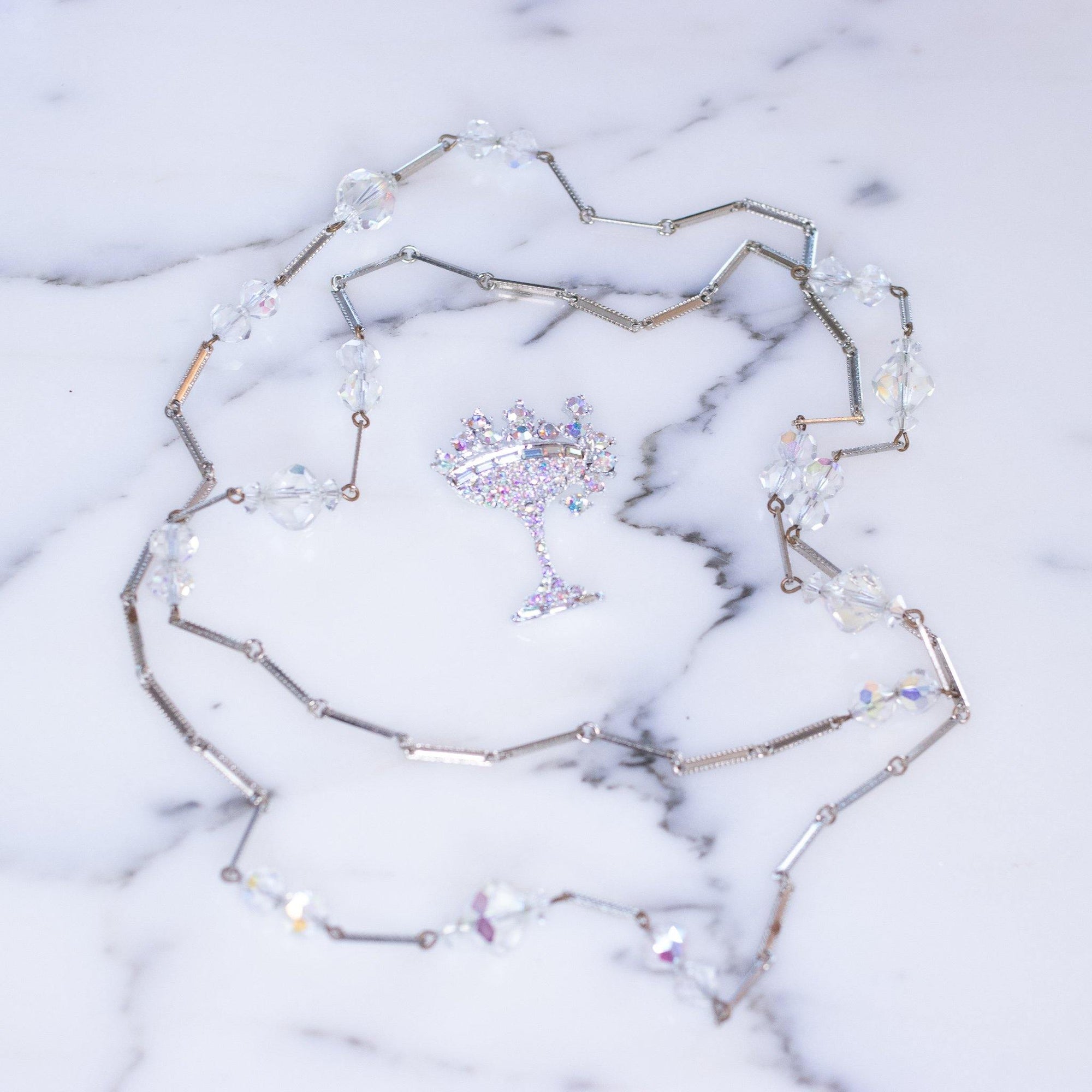 Vintage Aurora Borealis Crystal and Silver Long Flat Link Chain Necklace by Aurora Borealis - Vintage Meet Modern Vintage Jewelry - Chicago, Illinois - #oldhollywoodglamour #vintagemeetmodern #designervintage #jewelrybox #antiquejewelry #vintagejewelry