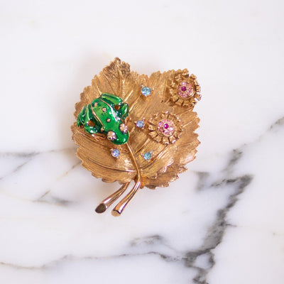 Vintage RJ Graziano Gold Bejeweled Leaf Brooch with Frog by RJ Graziano - Vintage Meet Modern Vintage Jewelry - Chicago, Illinois - #oldhollywoodglamour #vintagemeetmodern #designervintage #jewelrybox #antiquejewelry #vintagejewelry