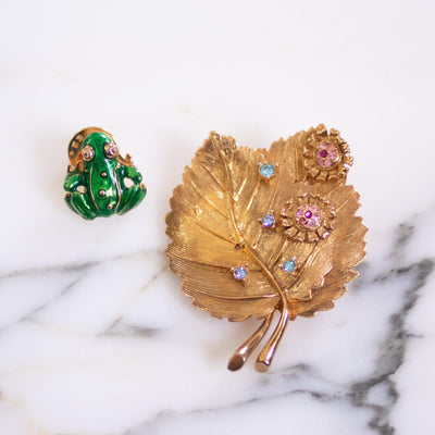 Vintage RJ Graziano Gold Bejeweled Leaf Brooch with Frog by RJ Graziano - Vintage Meet Modern Vintage Jewelry - Chicago, Illinois - #oldhollywoodglamour #vintagemeetmodern #designervintage #jewelrybox #antiquejewelry #vintagejewelry