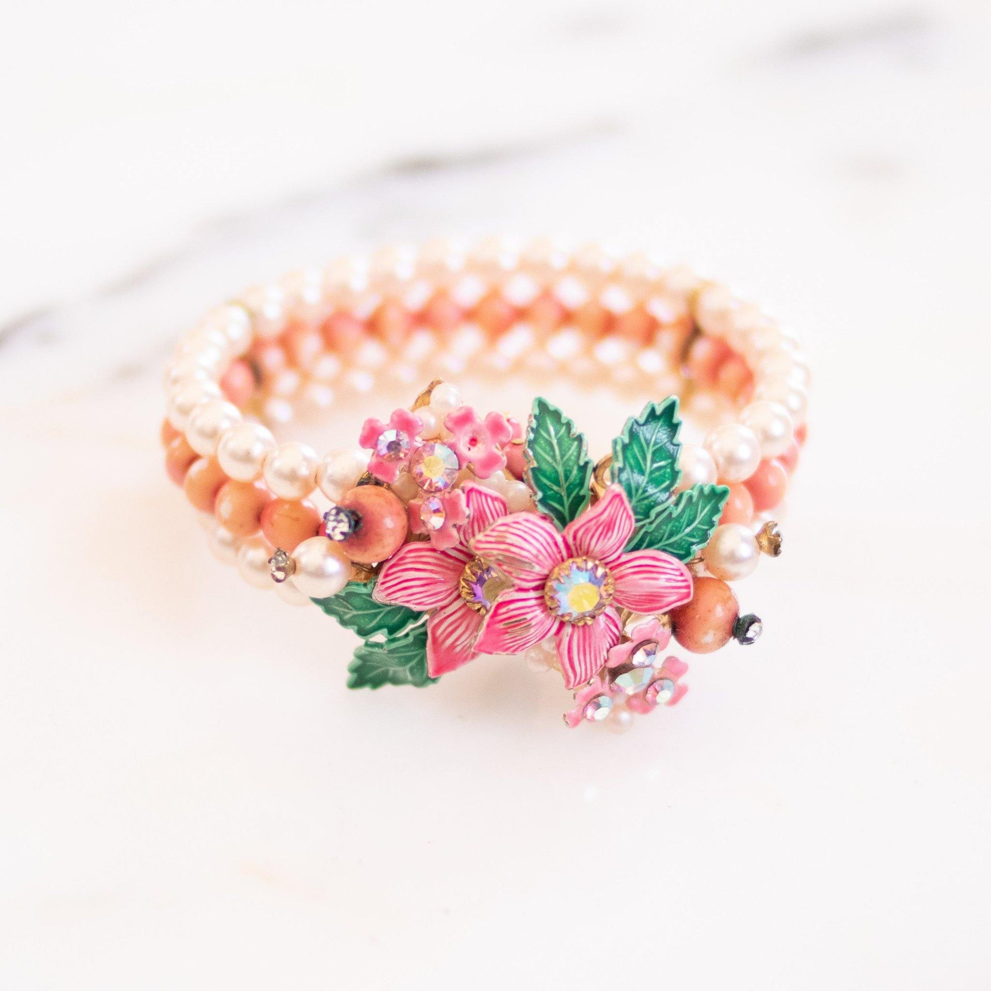 Vintage 1950s Pearl Bracelet with Artisan Floral Detailing by 1950s - Vintage Meet Modern Vintage Jewelry - Chicago, Illinois - #oldhollywoodglamour #vintagemeetmodern #designervintage #jewelrybox #antiquejewelry #vintagejewelry