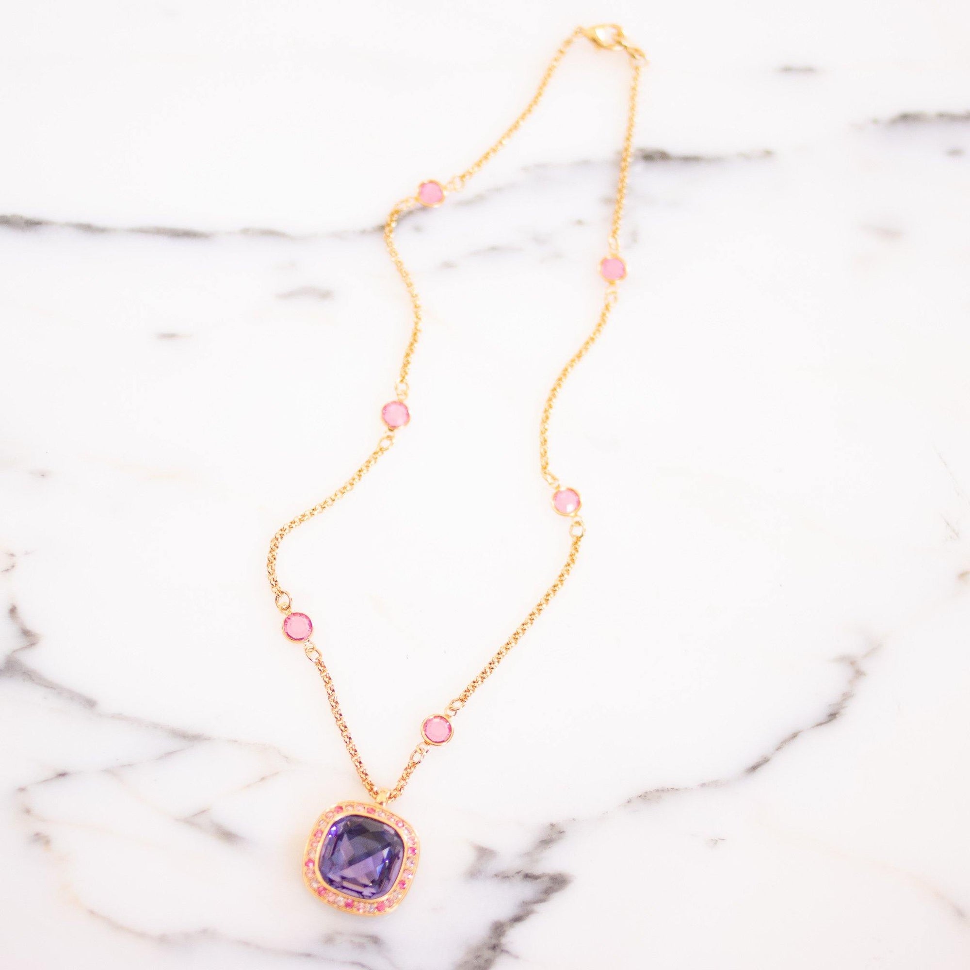 Vintage Kenneth Jay Lane Necklace and Pendant, Pink Rhinestones, Purple Rhinestones, Clear Rhinestones, Gold Tone Necklace, Lobster Clasp by Kenneth Jay Lane - Vintage Meet Modern Vintage Jewelry - Chicago, Illinois - #oldhollywoodglamour #vintagemeetmodern #designervintage #jewelrybox #antiquejewelry #vintagejewelry