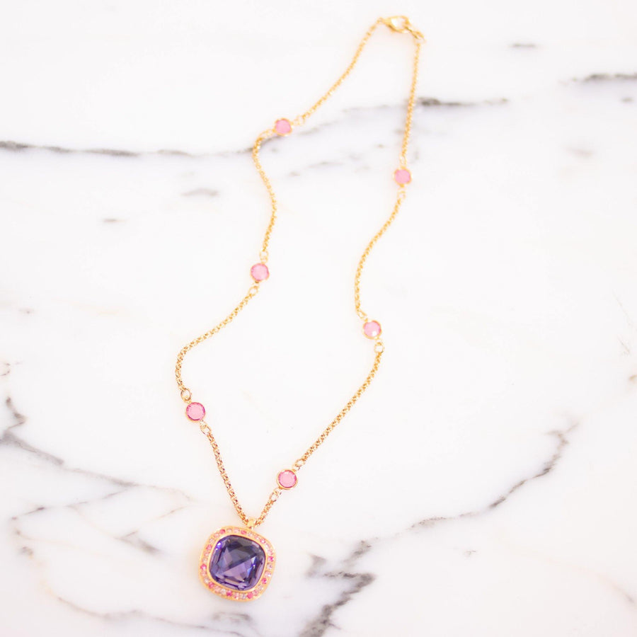 Vintage Kenneth Jay Lane Necklace and Pendant, Pink Rhinestones, Purple Rhinestones, Clear Rhinestones, Gold Tone Necklace, Lobster Clasp by Kenneth Jay Lane - Vintage Meet Modern Vintage Jewelry - Chicago, Illinois - #oldhollywoodglamour #vintagemeetmodern #designervintage #jewelrybox #antiquejewelry #vintagejewelry