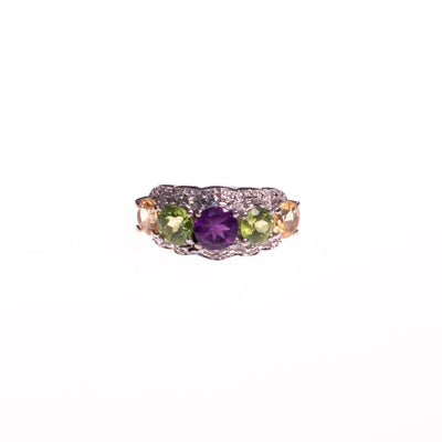 Vintage 1980s Statement Multi Stone Ring with Amethyst, Peridot, and Citrine by Sterling Silver - Vintage Meet Modern Vintage Jewelry - Chicago, Illinois - #oldhollywoodglamour #vintagemeetmodern #designervintage #jewelrybox #antiquejewelry #vintagejewelry