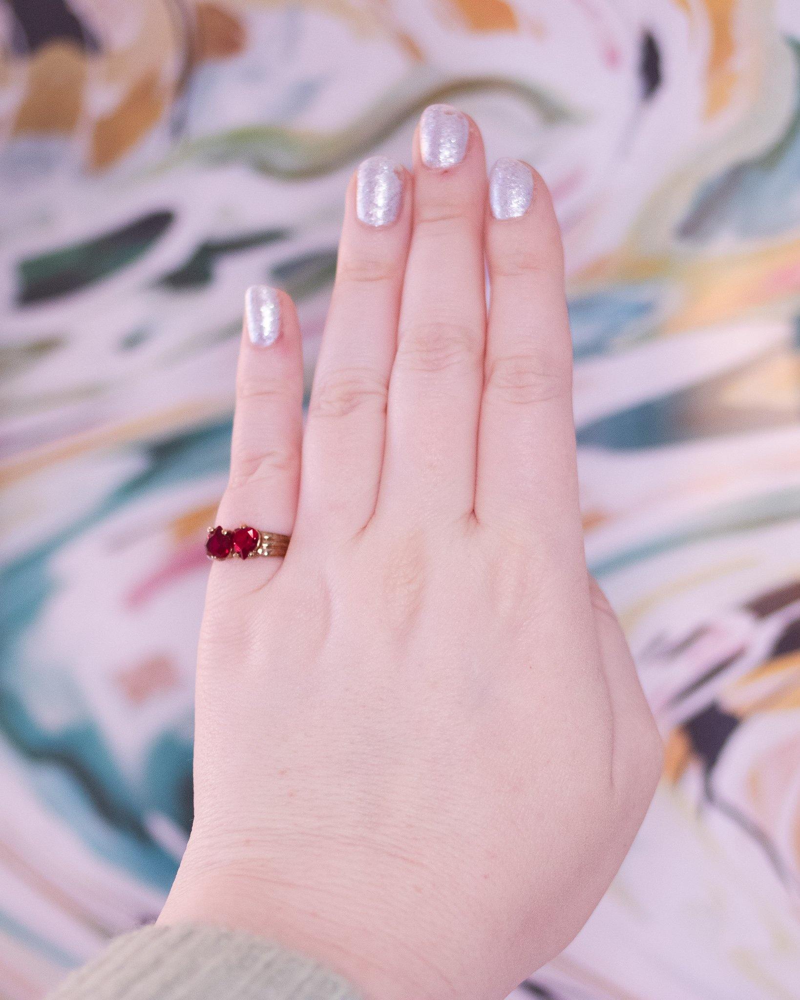 Garnet Crystal Double Heart Band Ring by Vintage Meet Modern - Vintage Meet Modern Vintage Jewelry - Chicago, Illinois - #oldhollywoodglamour #vintagemeetmodern #designervintage #jewelrybox #antiquejewelry #vintagejewelry