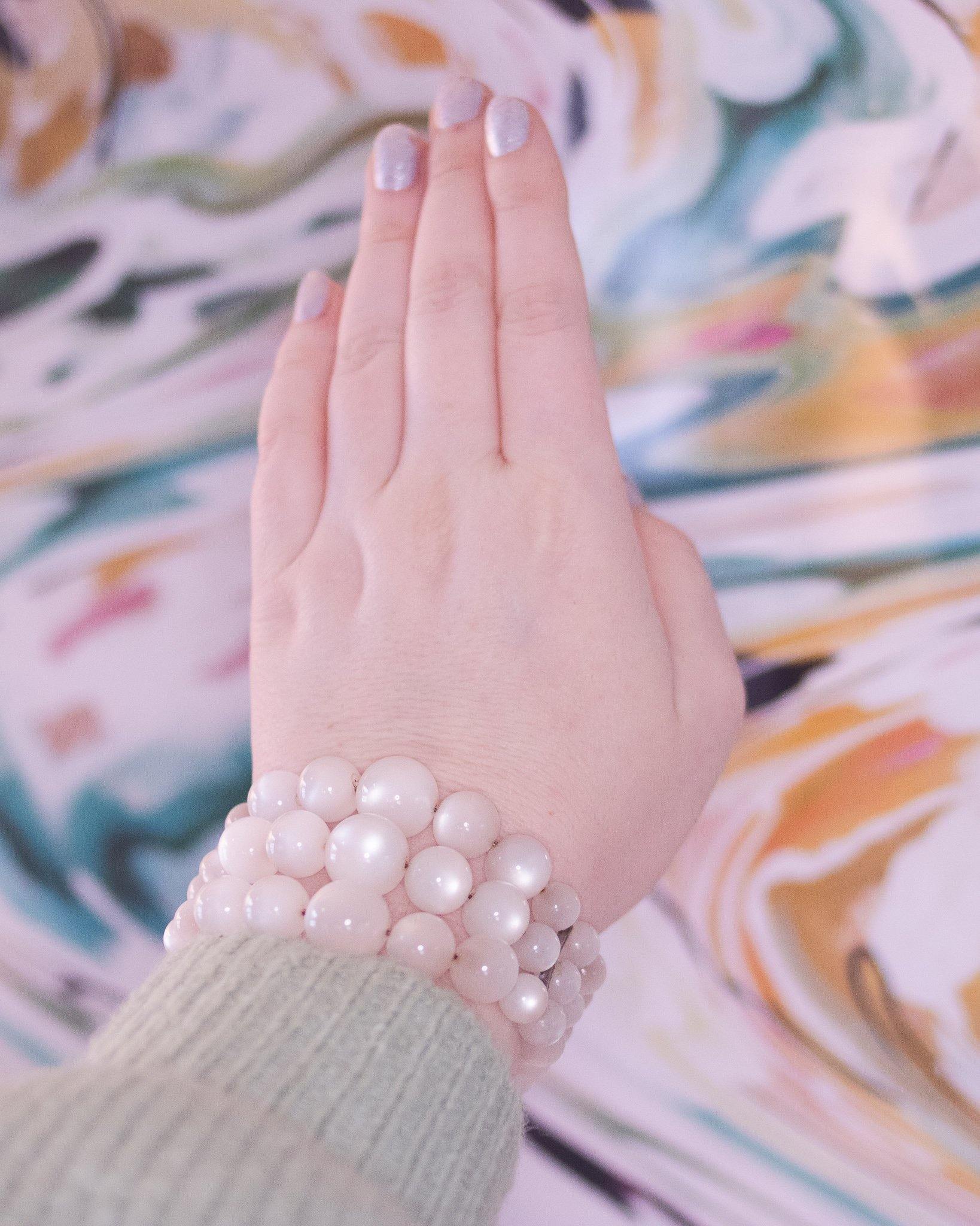 Vintage Lucite White Moonglow Triple Strand Expansion Bracelet by Unsigned Beauty - Vintage Meet Modern Vintage Jewelry - Chicago, Illinois - #oldhollywoodglamour #vintagemeetmodern #designervintage #jewelrybox #antiquejewelry #vintagejewelry