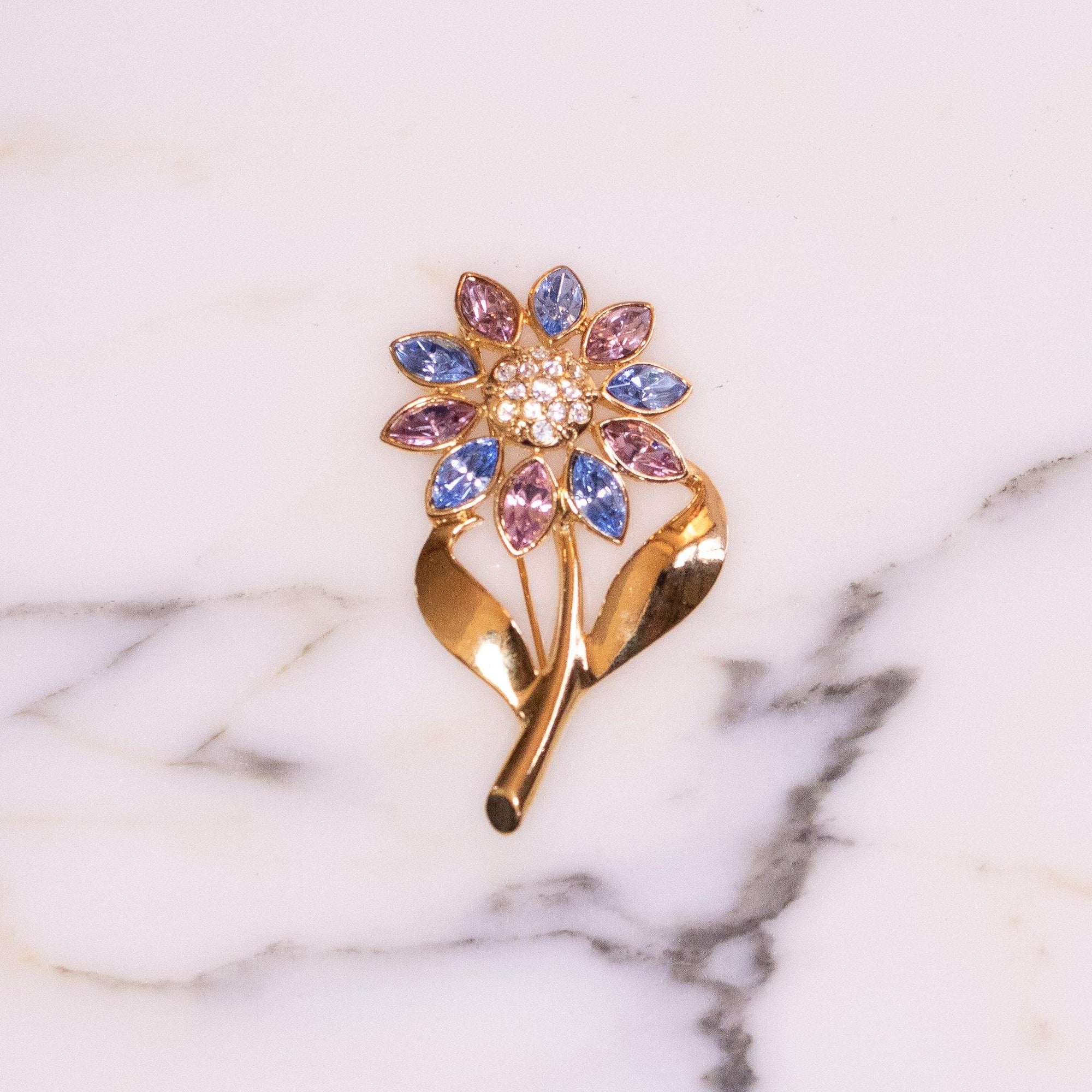 Vintage Avon Flower Brooch Gold, Blue, and Pink Rhinestone Brooch by Avon - Vintage Meet Modern Vintage Jewelry - Chicago, Illinois - #oldhollywoodglamour #vintagemeetmodern #designervintage #jewelrybox #antiquejewelry #vintagejewelry