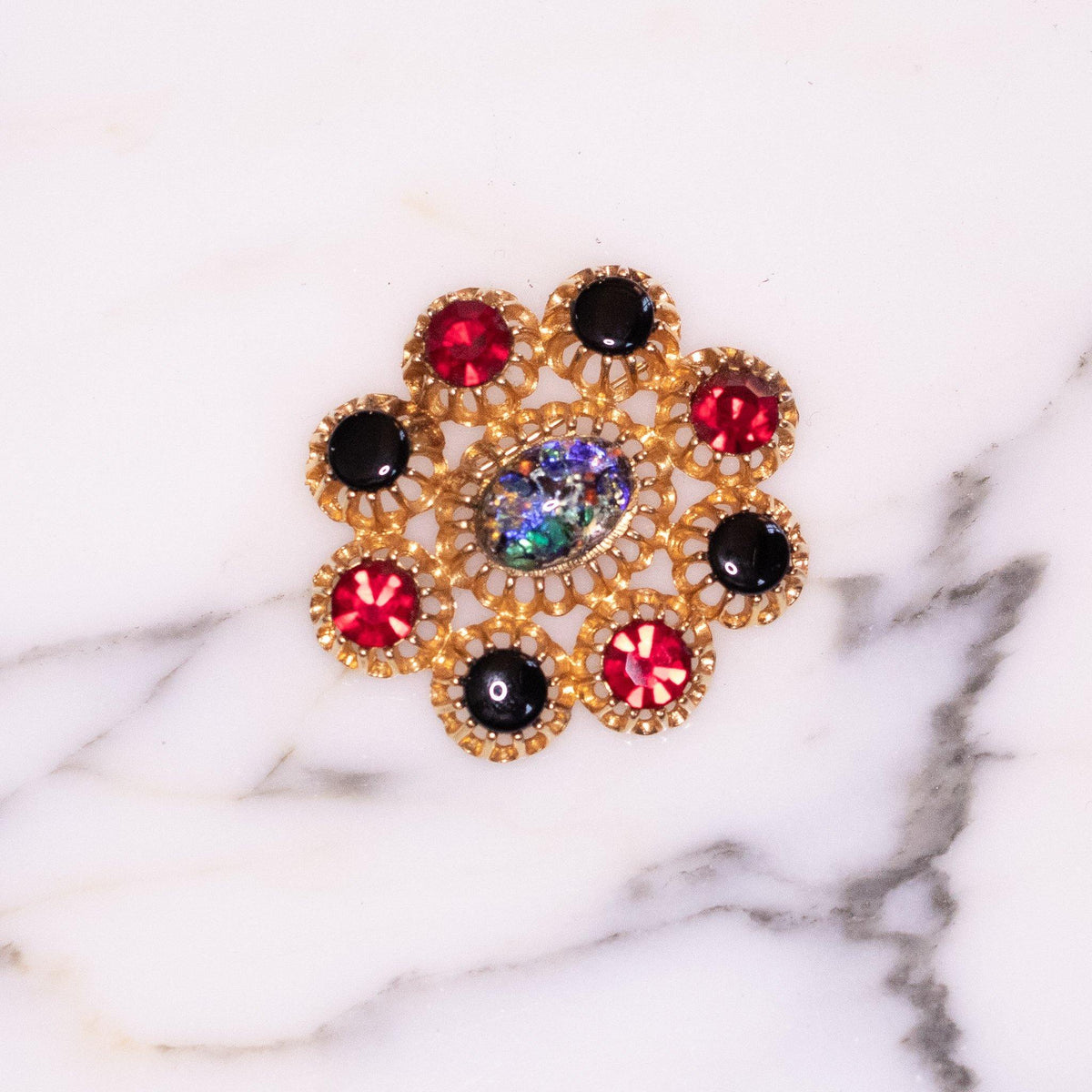 Vintage Emmons Gold Multicolored Red and Black Stone Oval Brooch
