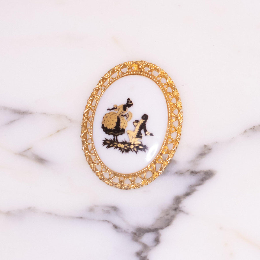 Vintage Victorian Revival Courting Scene Cameo Brooch Black Gold and White by West Germany - Vintage Meet Modern Vintage Jewelry - Chicago, Illinois - #oldhollywoodglamour #vintagemeetmodern #designervintage #jewelrybox #antiquejewelry #vintagejewelry