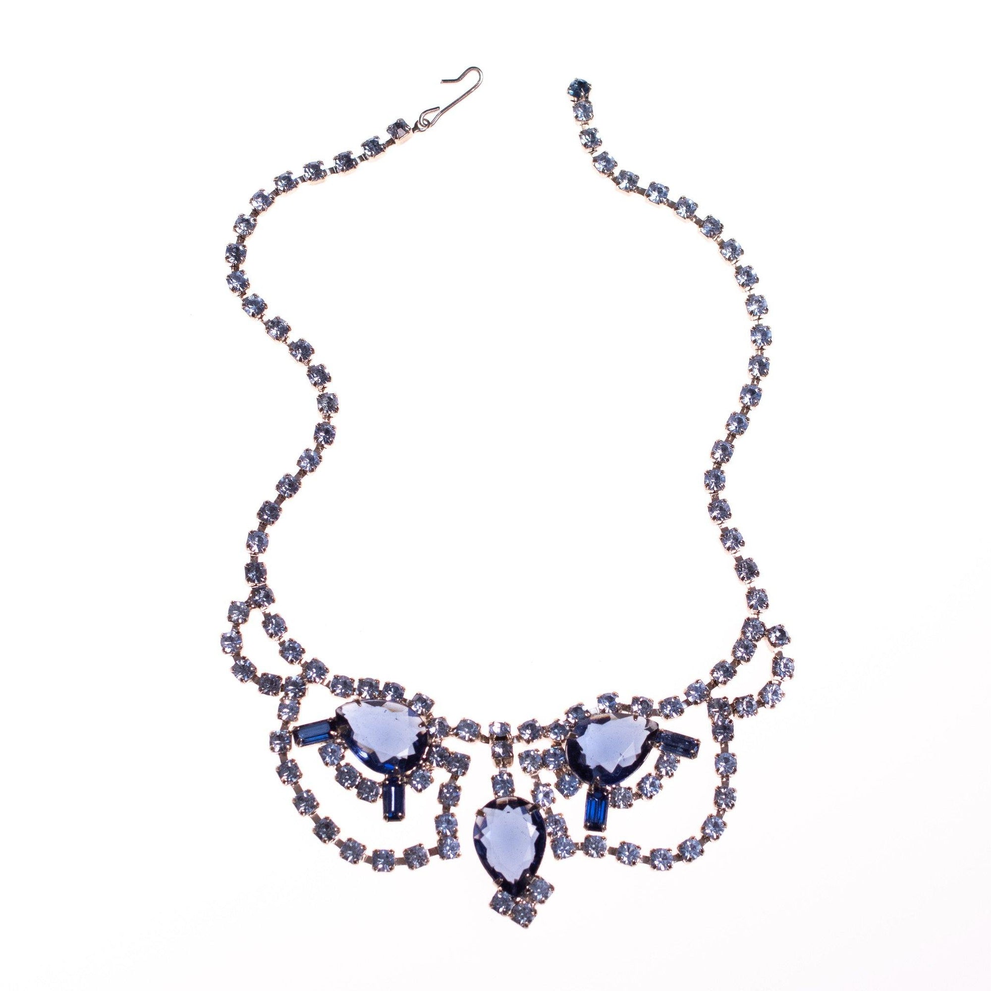 Vintage Blue Rhinestone Statement Necklace by Unsigned - Vintage Meet Modern Vintage Jewelry - Chicago, Illinois - #oldhollywoodglamour #vintagemeetmodern #designervintage #jewelrybox #antiquejewelry #vintagejewelry