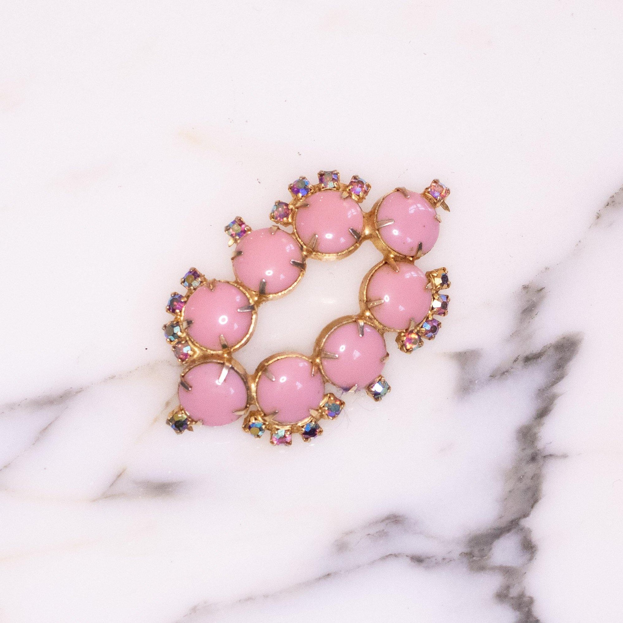 Vintage 1950s Aurora Borealis Brooch with Bubble Gum Pink Cabochons by 1950s - Vintage Meet Modern Vintage Jewelry - Chicago, Illinois - #oldhollywoodglamour #vintagemeetmodern #designervintage #jewelrybox #antiquejewelry #vintagejewelry