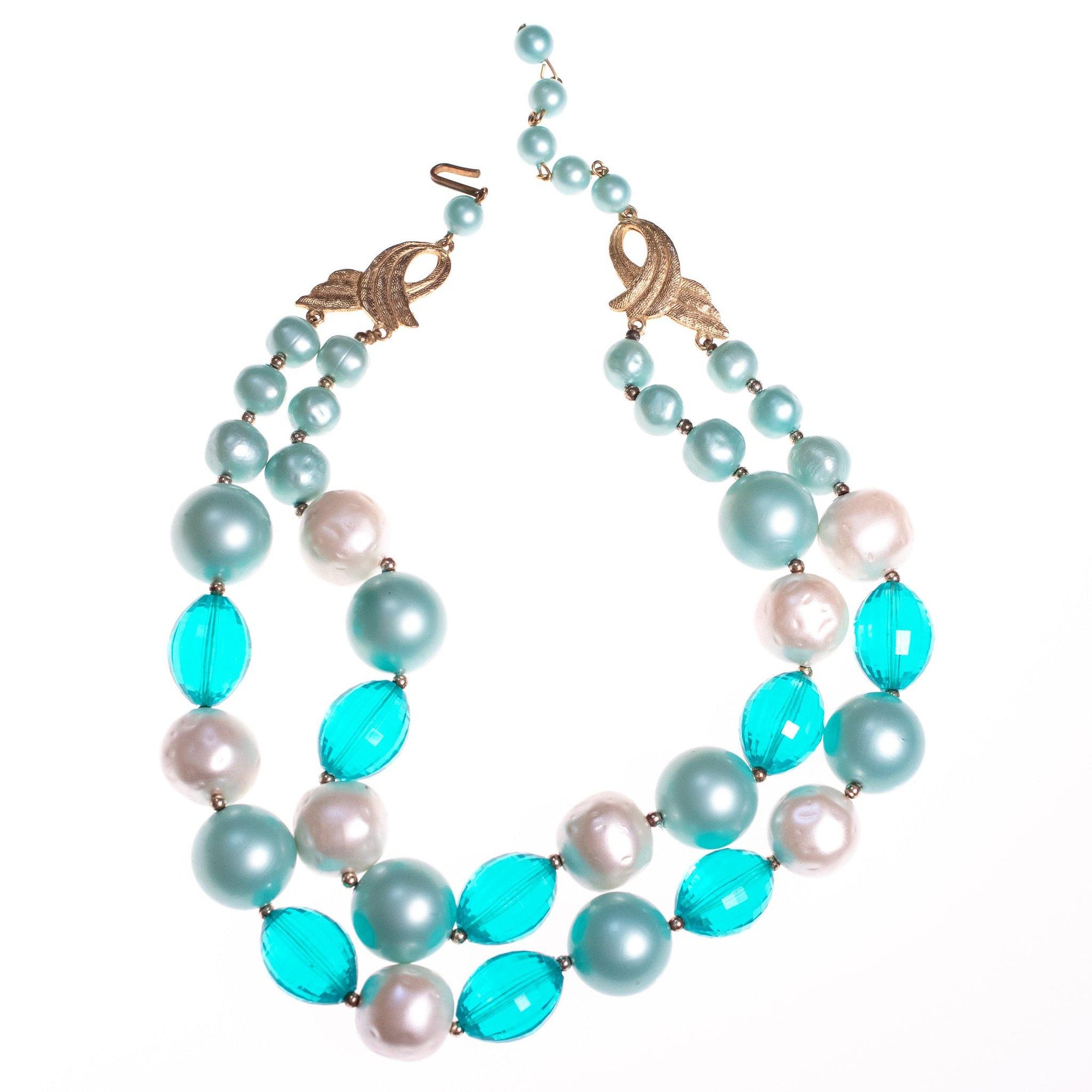 Vintage Chunky Aqua and Faux Pearl Bead Double Strand Necklace by Czech - Vintage Meet Modern Vintage Jewelry - Chicago, Illinois - #oldhollywoodglamour #vintagemeetmodern #designervintage #jewelrybox #antiquejewelry #vintagejewelry