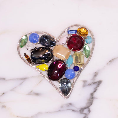 Vintage Kenneth Jay Lane Heart Colorful Rhinestone Brooch/Pin, Silver Tone by Kenneth Jay Lane - Vintage Meet Modern Vintage Jewelry - Chicago, Illinois - #oldhollywoodglamour #vintagemeetmodern #designervintage #jewelrybox #antiquejewelry #vintagejewelry