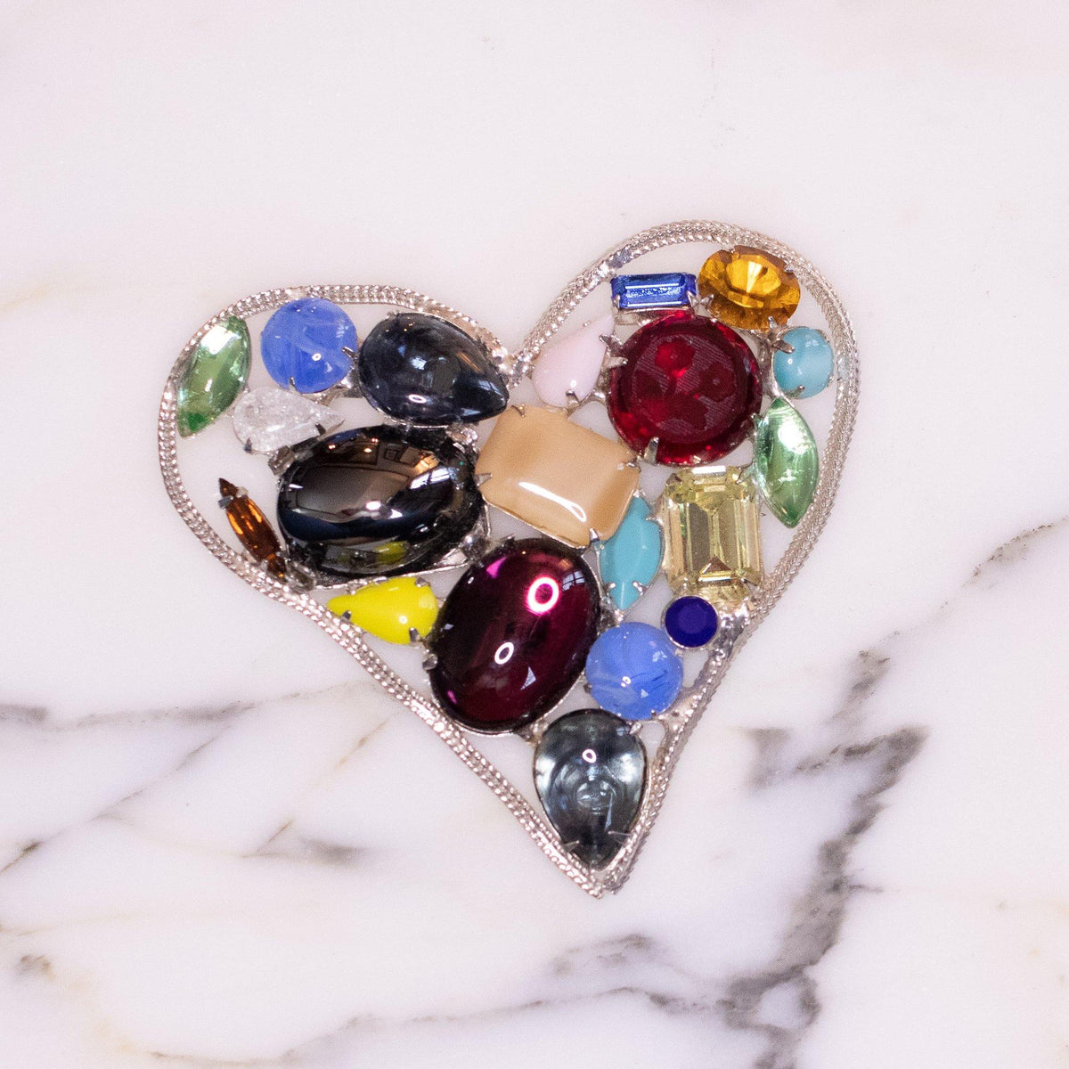 Vintage Kenneth Jay Lane Heart Colorful Rhinestone Brooch/Pin, Silver Tone