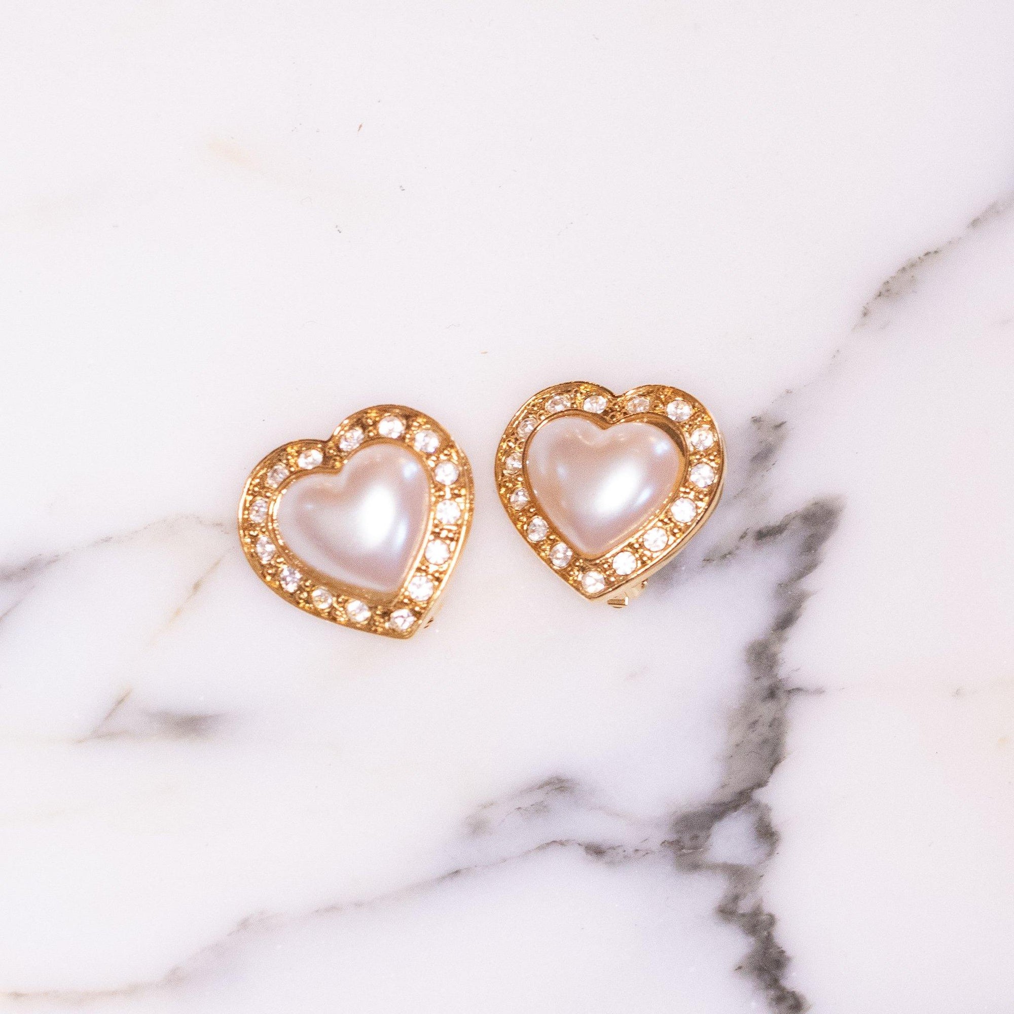 Vintage Avon Pearl and Diamante Crystal Heart Earrings by Avon - Vintage Meet Modern Vintage Jewelry - Chicago, Illinois - #oldhollywoodglamour #vintagemeetmodern #designervintage #jewelrybox #antiquejewelry #vintagejewelry