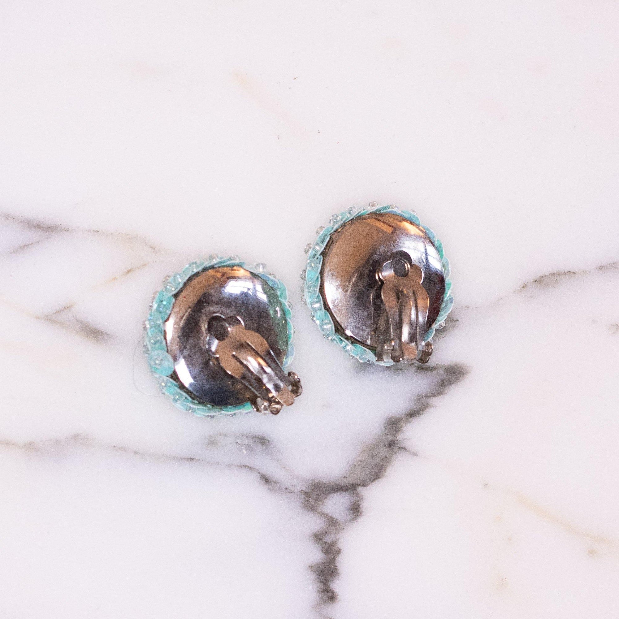 Vintage Light Blue Sequin Beaded Earrings by Unsigned Beauty - Vintage Meet Modern Vintage Jewelry - Chicago, Illinois - #oldhollywoodglamour #vintagemeetmodern #designervintage #jewelrybox #antiquejewelry #vintagejewelry