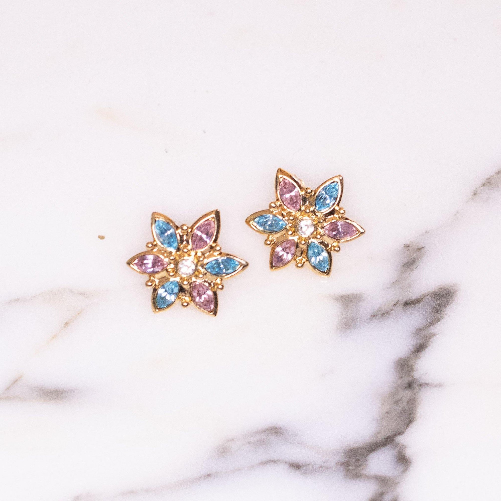 Vintage Avon Pink And Blue Flower Rhinestones Earrings by Avon - Vintage Meet Modern Vintage Jewelry - Chicago, Illinois - #oldhollywoodglamour #vintagemeetmodern #designervintage #jewelrybox #antiquejewelry #vintagejewelry