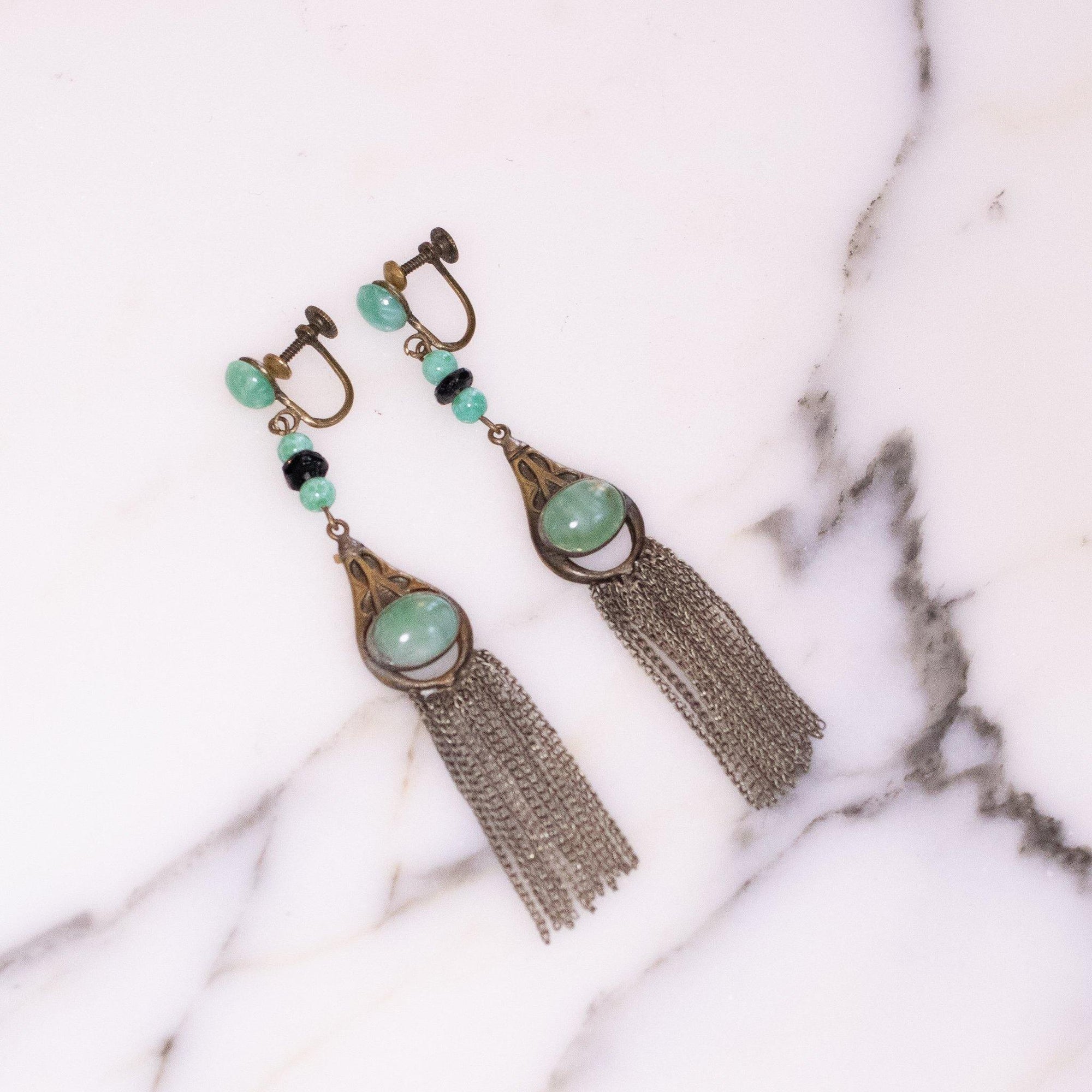 Vintage Art Deco Faux Jade and Silver Tassel Dangling Earrings by Unsigned Beauty - Vintage Meet Modern Vintage Jewelry - Chicago, Illinois - #oldhollywoodglamour #vintagemeetmodern #designervintage #jewelrybox #antiquejewelry #vintagejewelry