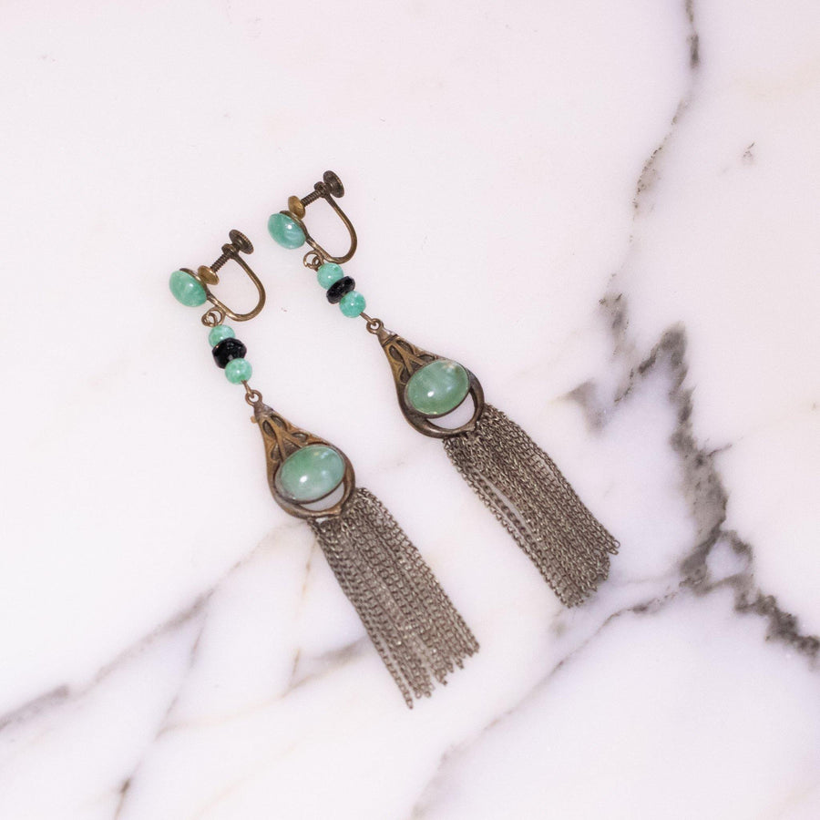 Vintage Art Deco Faux Jade and Silver Tassel Dangling Earrings by Unsigned Beauty - Vintage Meet Modern Vintage Jewelry - Chicago, Illinois - #oldhollywoodglamour #vintagemeetmodern #designervintage #jewelrybox #antiquejewelry #vintagejewelry