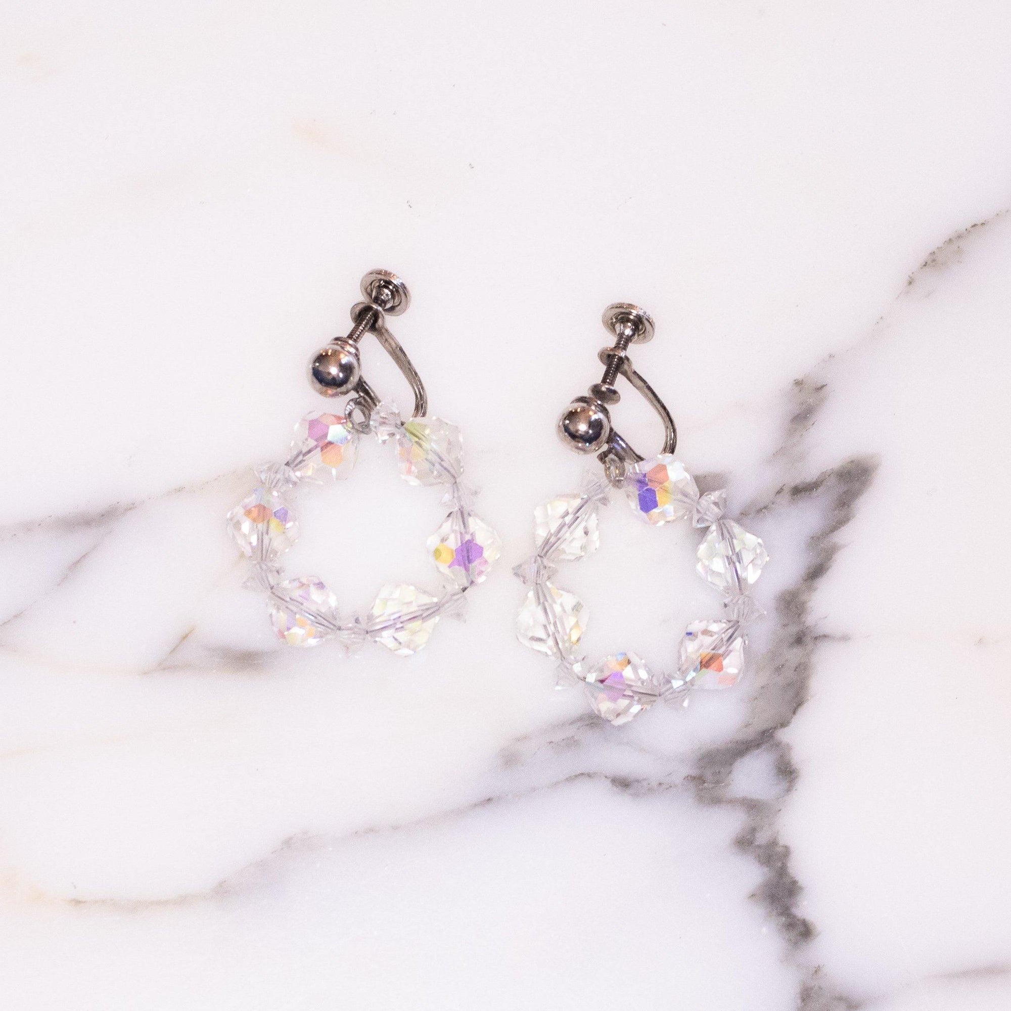 Vintage Aurora Borealis Glass Bead Hoop Dangle Earrings by Austria - Vintage Meet Modern Vintage Jewelry - Chicago, Illinois - #oldhollywoodglamour #vintagemeetmodern #designervintage #jewelrybox #antiquejewelry #vintagejewelry