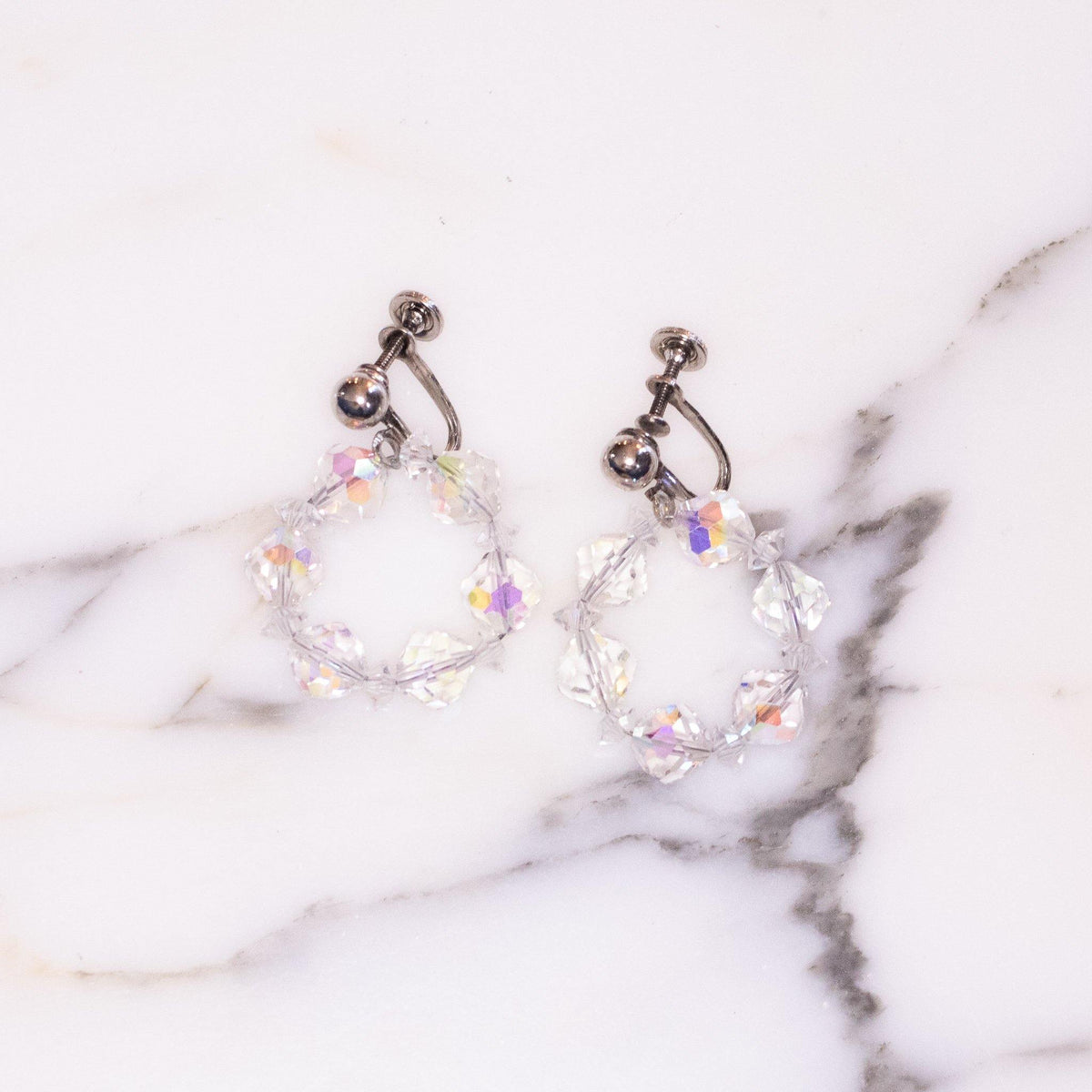 Vintage Aurora Borealis Glass Bead Hoop Dangle Earrings