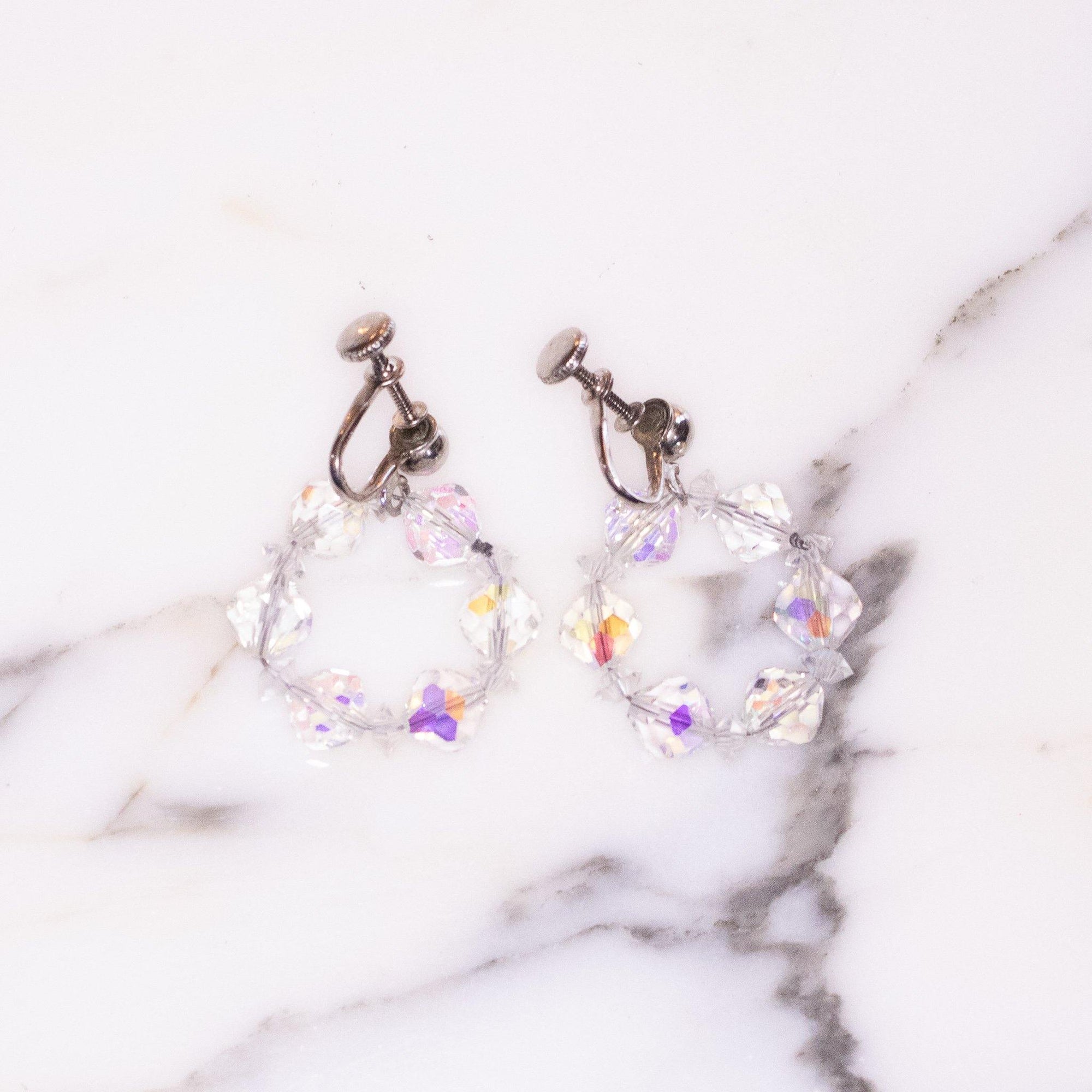 Vintage Aurora Borealis Glass Bead Hoop Dangle Earrings by Austria - Vintage Meet Modern Vintage Jewelry - Chicago, Illinois - #oldhollywoodglamour #vintagemeetmodern #designervintage #jewelrybox #antiquejewelry #vintagejewelry