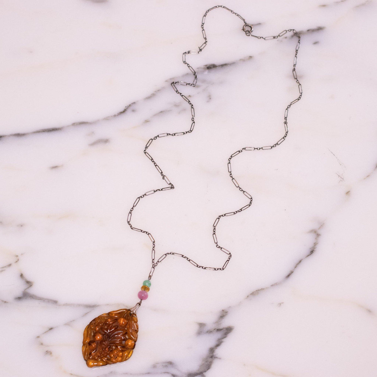 Vintage Art Deco Czech Pressed Amber Glass Pendant Necklace with Jade and Pink Beads