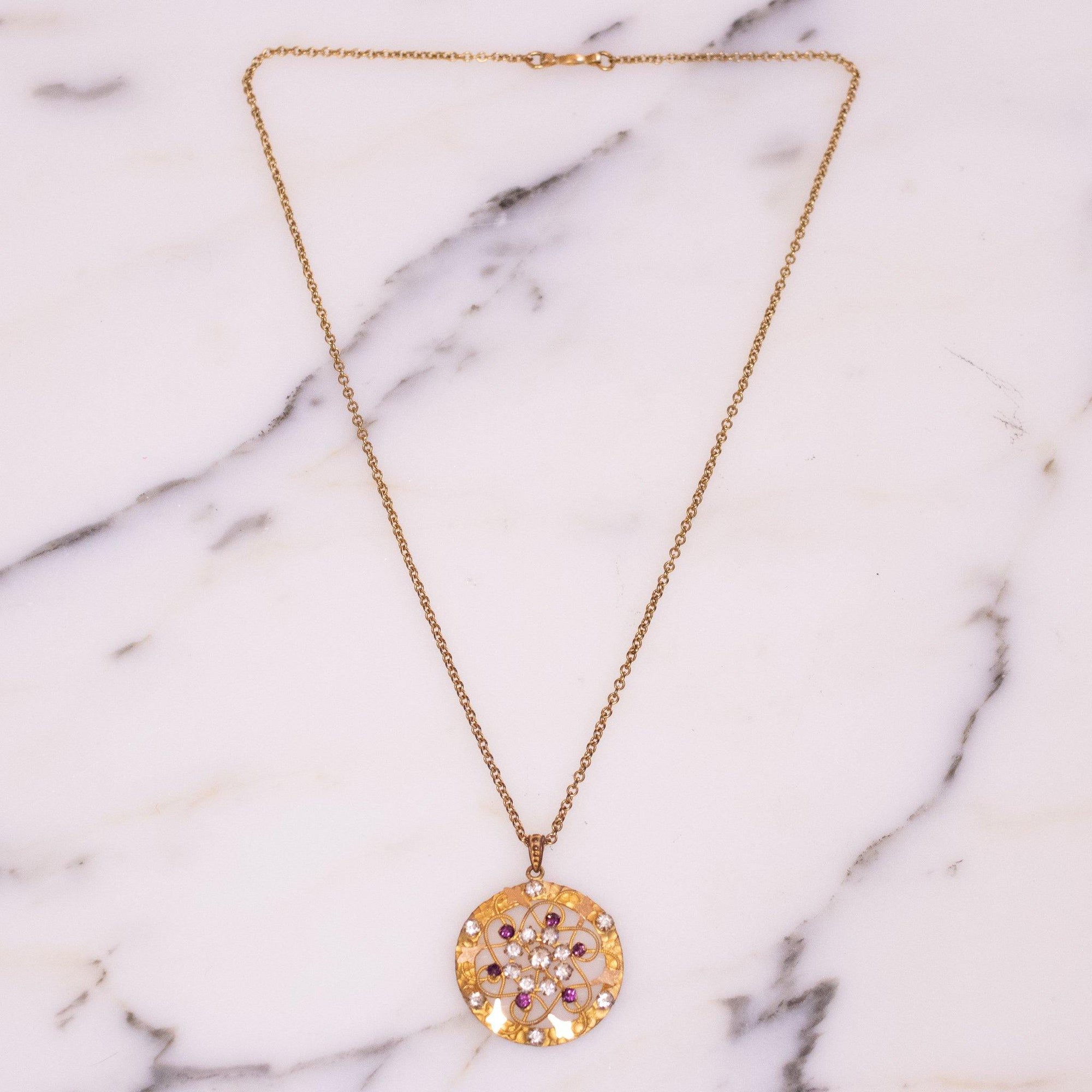 Vintage Gold with Purple and Diamond Rhinestone Necklace (with pendant) by Czech - Vintage Meet Modern Vintage Jewelry - Chicago, Illinois - #oldhollywoodglamour #vintagemeetmodern #designervintage #jewelrybox #antiquejewelry #vintagejewelry