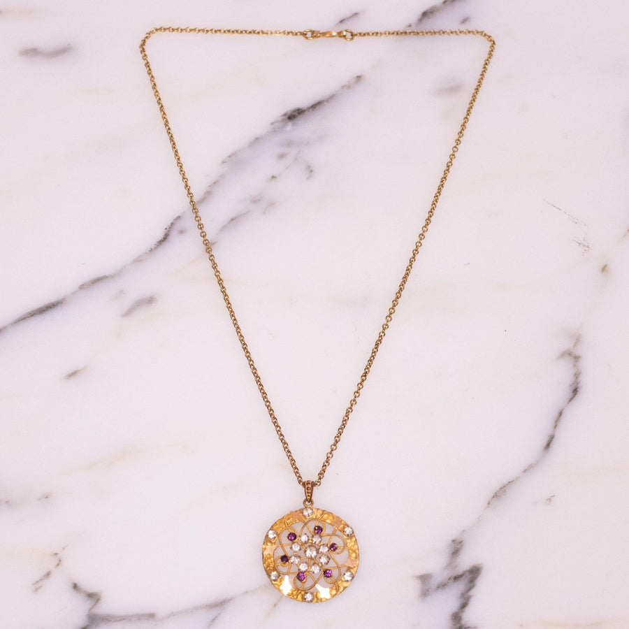 Vintage Gold with Purple and Diamond Rhinestone Necklace (with pendant) by Czech - Vintage Meet Modern Vintage Jewelry - Chicago, Illinois - #oldhollywoodglamour #vintagemeetmodern #designervintage #jewelrybox #antiquejewelry #vintagejewelry