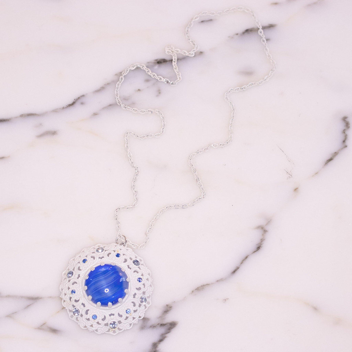 Vintage West Germany White with Blue Art Glass Statement Necklace