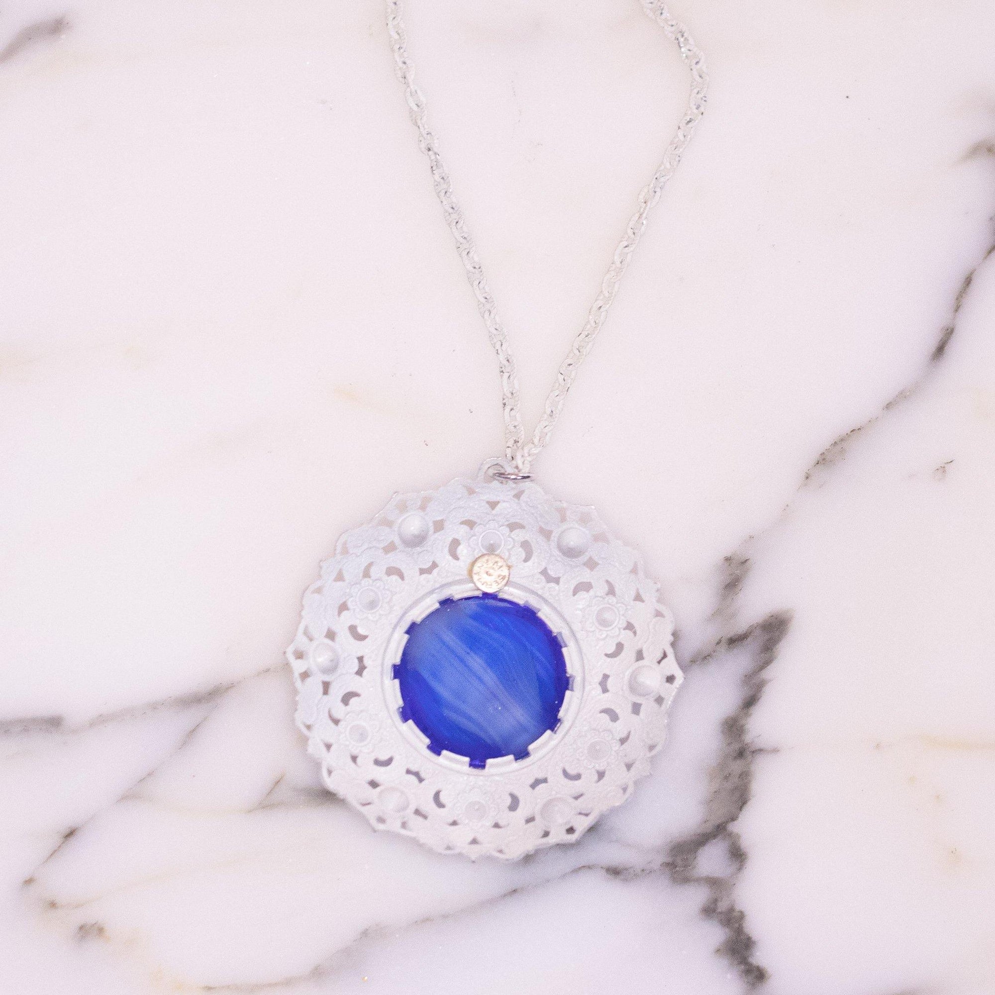 Vintage West Germany White with Blue Art Glass Statement Necklace by West Germany - Vintage Meet Modern Vintage Jewelry - Chicago, Illinois - #oldhollywoodglamour #vintagemeetmodern #designervintage #jewelrybox #antiquejewelry #vintagejewelry