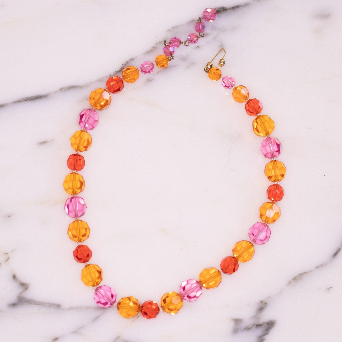 Vintage Marvella Orange and Pink Faceted Crystal Bead Necklace  Colorful Multi-Gemstone Beaded Necklace