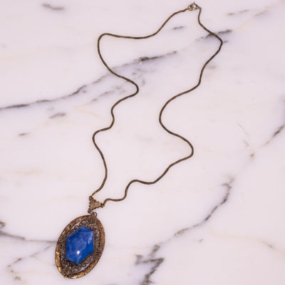 Vintage Art Deco Antique Gold Tone with Blue Lapis Speckled Glass Stone Pendant Necklace by Czech - Vintage Meet Modern Vintage Jewelry - Chicago, Illinois - #oldhollywoodglamour #vintagemeetmodern #designervintage #jewelrybox #antiquejewelry #vintagejewelry