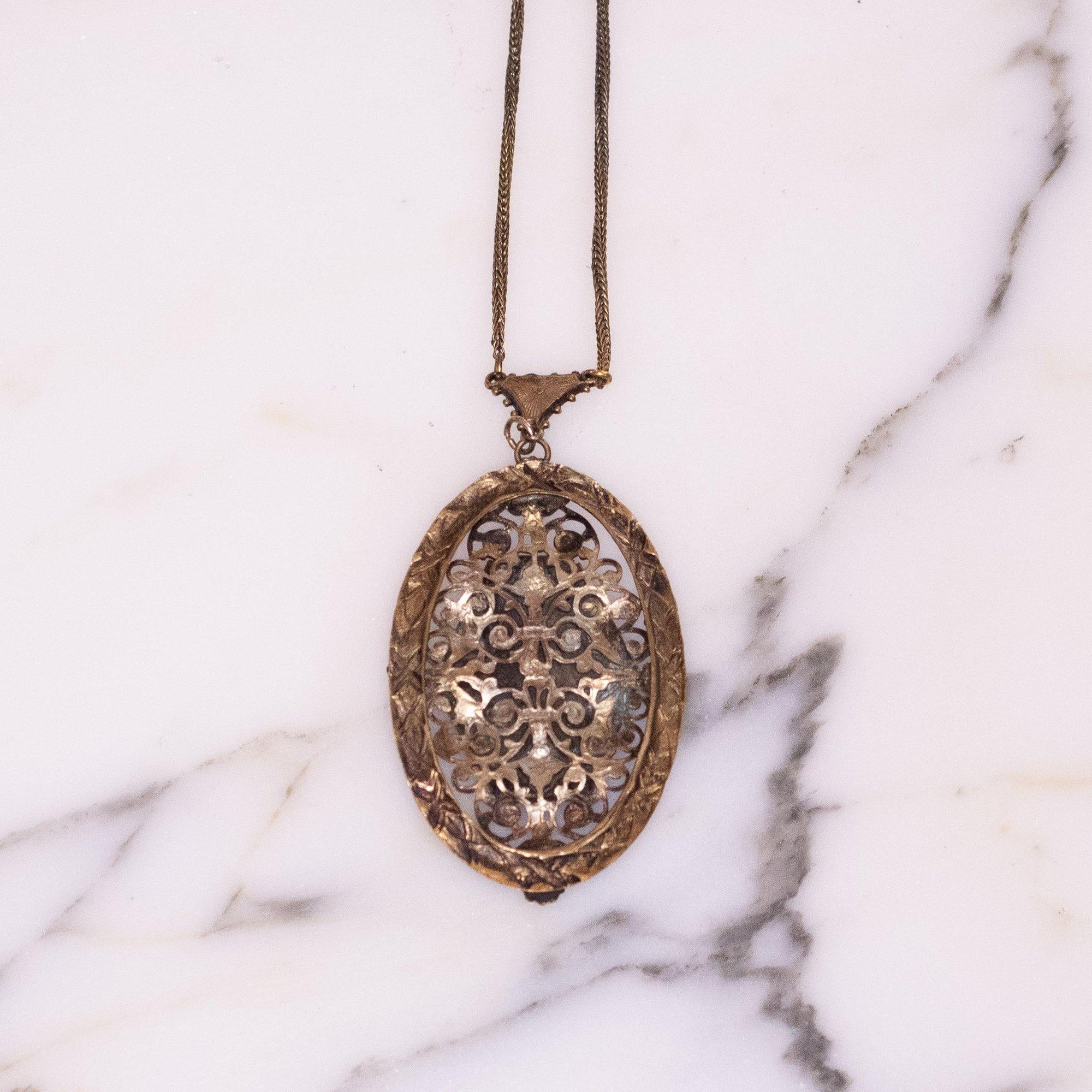 Vintage Art Deco Antique Gold Tone with Blue Lapis Speckled Glass Stone Pendant Necklace by Czech - Vintage Meet Modern Vintage Jewelry - Chicago, Illinois - #oldhollywoodglamour #vintagemeetmodern #designervintage #jewelrybox #antiquejewelry #vintagejewelry