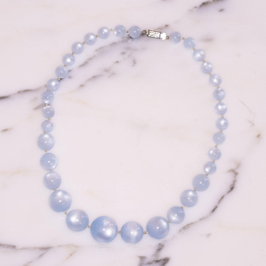 Vintage Lucite Light Blue Moonglow Necklace by Unsigned Beauty - Vintage Meet Modern Vintage Jewelry - Chicago, Illinois - #oldhollywoodglamour #vintagemeetmodern #designervintage #jewelrybox #antiquejewelry #vintagejewelry