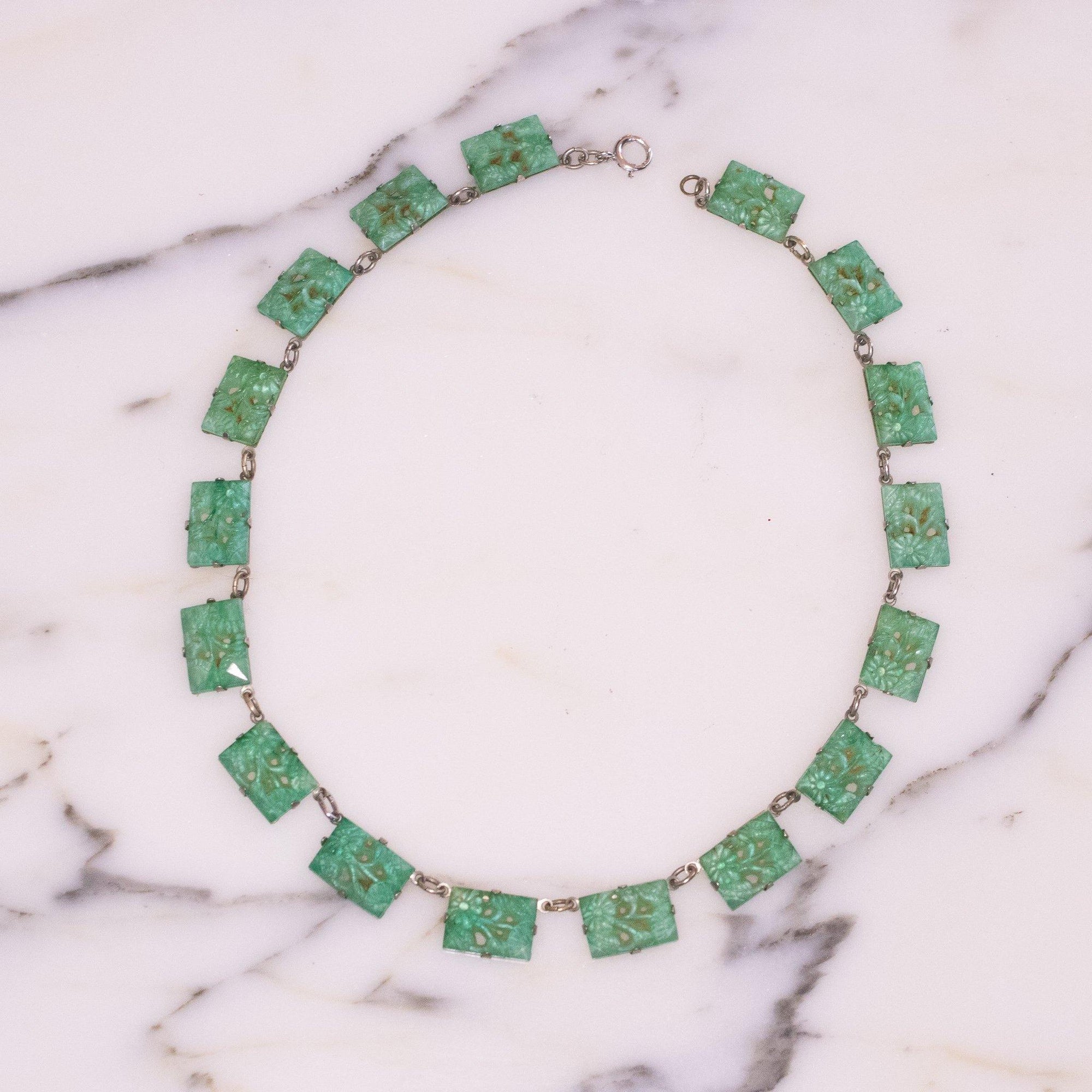Vintage Art Deco Faux Pressed Jade Panel Style Necklace by Art Deco Era - Vintage Meet Modern Vintage Jewelry - Chicago, Illinois - #oldhollywoodglamour #vintagemeetmodern #designervintage #jewelrybox #antiquejewelry #vintagejewelry