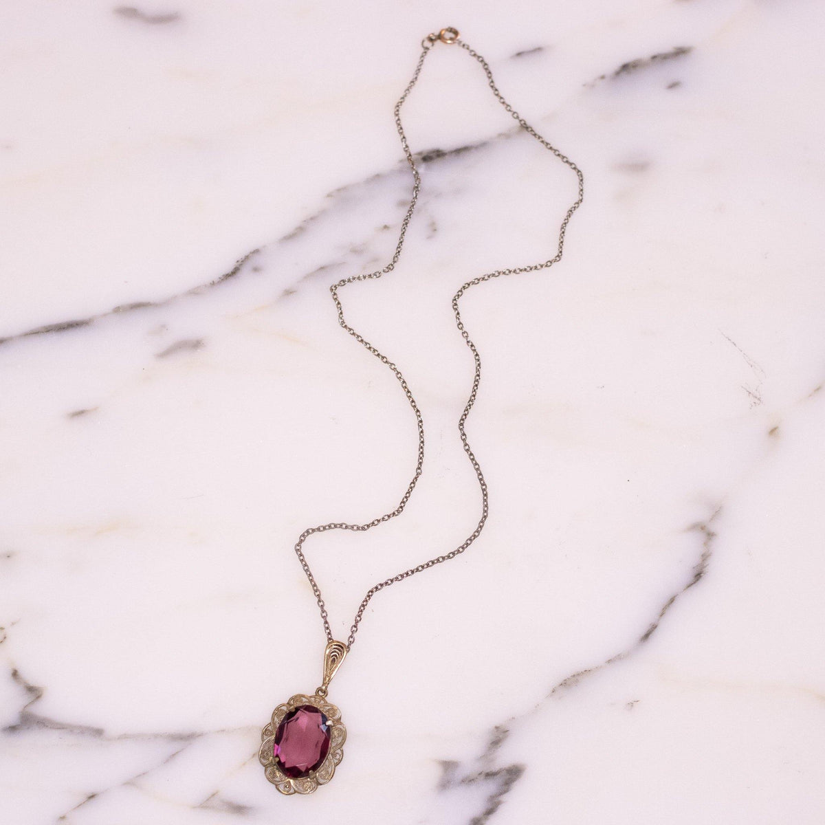 Vintage Art Deco Sterling Silver Purple Amethyst Oval Crystal Pendant Necklace