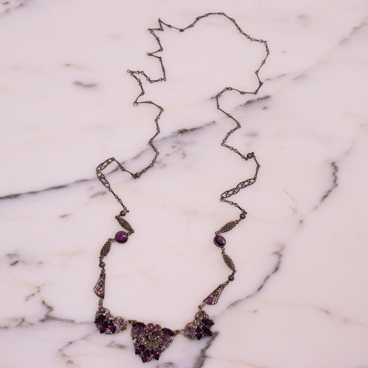 Vintage Purple Amethyst Crystal and Silver Filigree Statement Necklace
