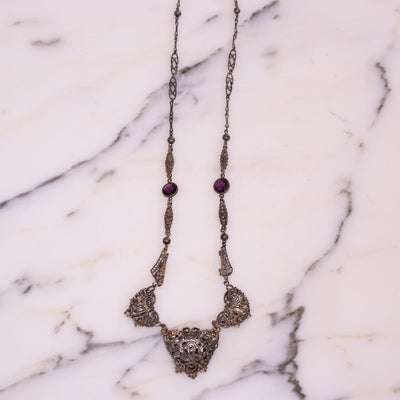 Vintage Purple Amethyst Crystal and Silver Filigree Statement Necklace by Czech - Vintage Meet Modern Vintage Jewelry - Chicago, Illinois - #oldhollywoodglamour #vintagemeetmodern #designervintage #jewelrybox #antiquejewelry #vintagejewelry