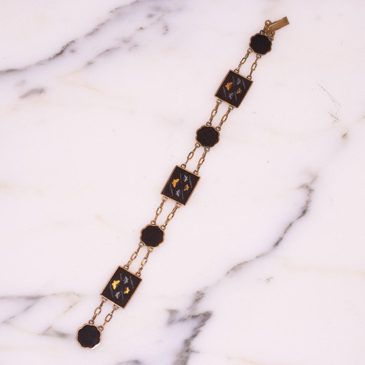 Vintage Black and Gold Butterfly Double Strand Bracelet