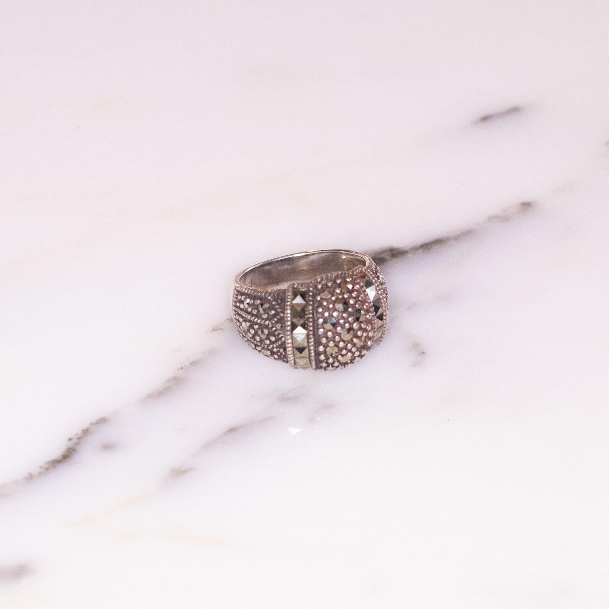 Vintage Sterling Silver Marcasite Domed Band Ring