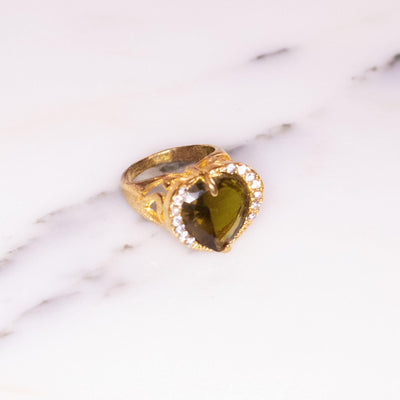 Vintage Olive Crystal Heart and Diamante Crystal Statement Ring Size 7.5 by 1980s - Vintage Meet Modern Vintage Jewelry - Chicago, Illinois - #oldhollywoodglamour #vintagemeetmodern #designervintage #jewelrybox #antiquejewelry #vintagejewelry