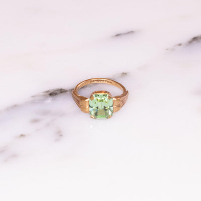 Vintage Art Deco Light Green Emerald Cut Crystal Ring by Unsigned Beauty - Vintage Meet Modern Vintage Jewelry - Chicago, Illinois - #oldhollywoodglamour #vintagemeetmodern #designervintage #jewelrybox #antiquejewelry #vintagejewelry