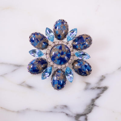 Vintage Blue and Gold Statement Brooch by Unsigned Beauty - Vintage Meet Modern Vintage Jewelry - Chicago, Illinois - #oldhollywoodglamour #vintagemeetmodern #designervintage #jewelrybox #antiquejewelry #vintagejewelry