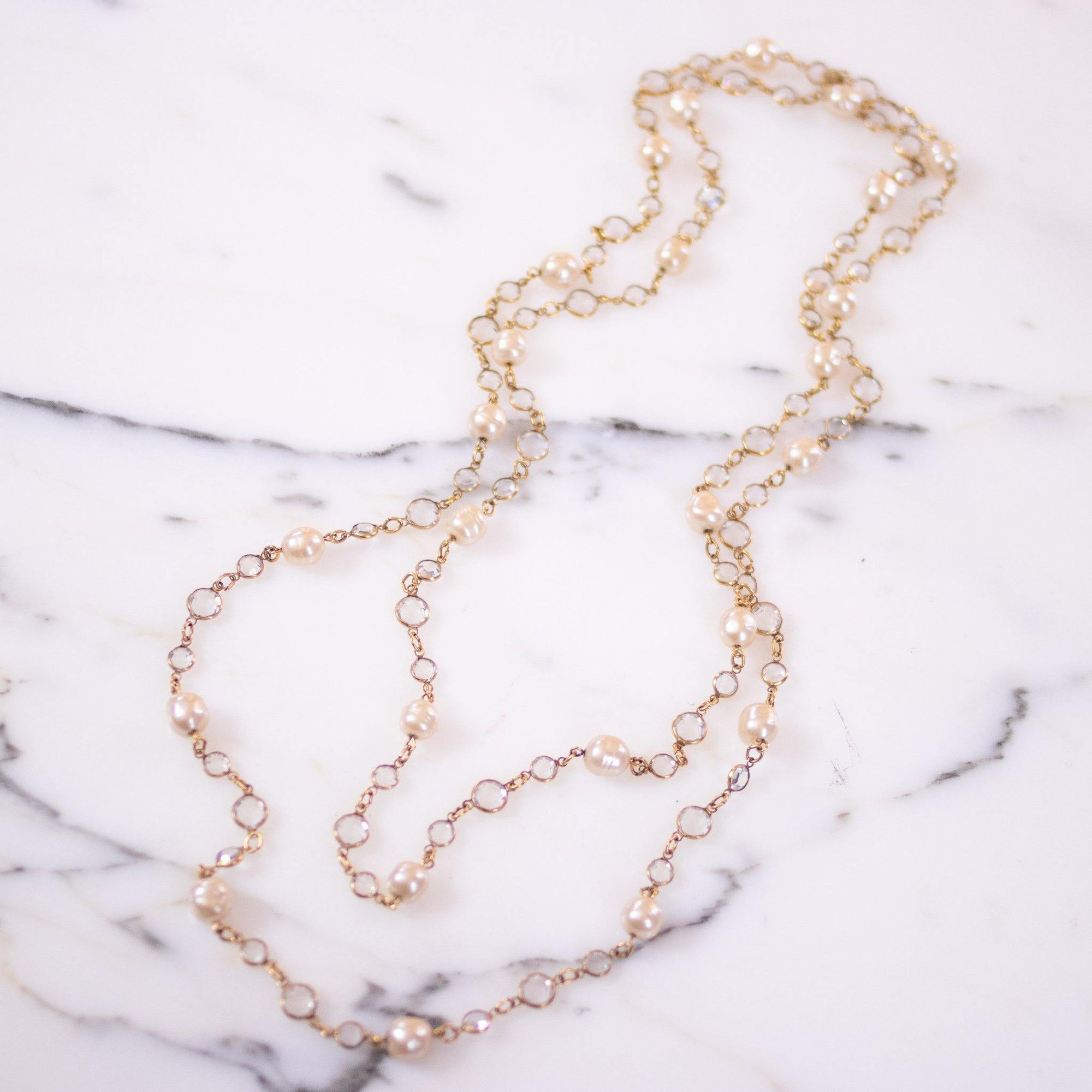 Vintage Chanel Bezel Set Crystal and Pearl Chicklet Sautoir Necklace by Chanel - Vintage Meet Modern Vintage Jewelry - Chicago, Illinois - #oldhollywoodglamour #vintagemeetmodern #designervintage #jewelrybox #antiquejewelry #vintagejewelry