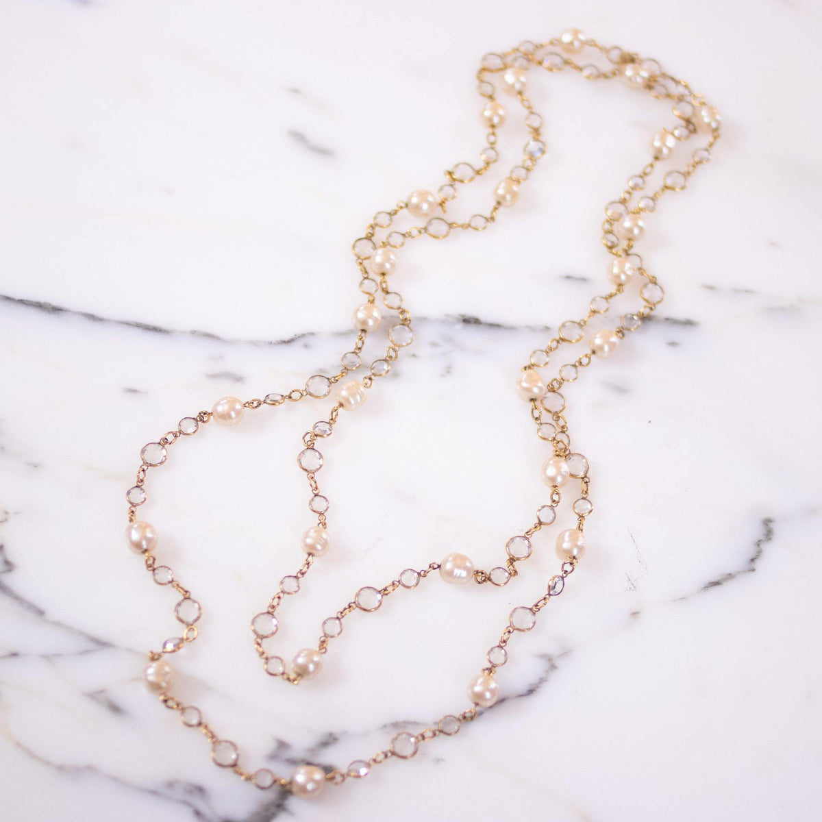 Vintage Chanel Bezel Set Crystal and Pearl Chicklet Sautoir Necklace