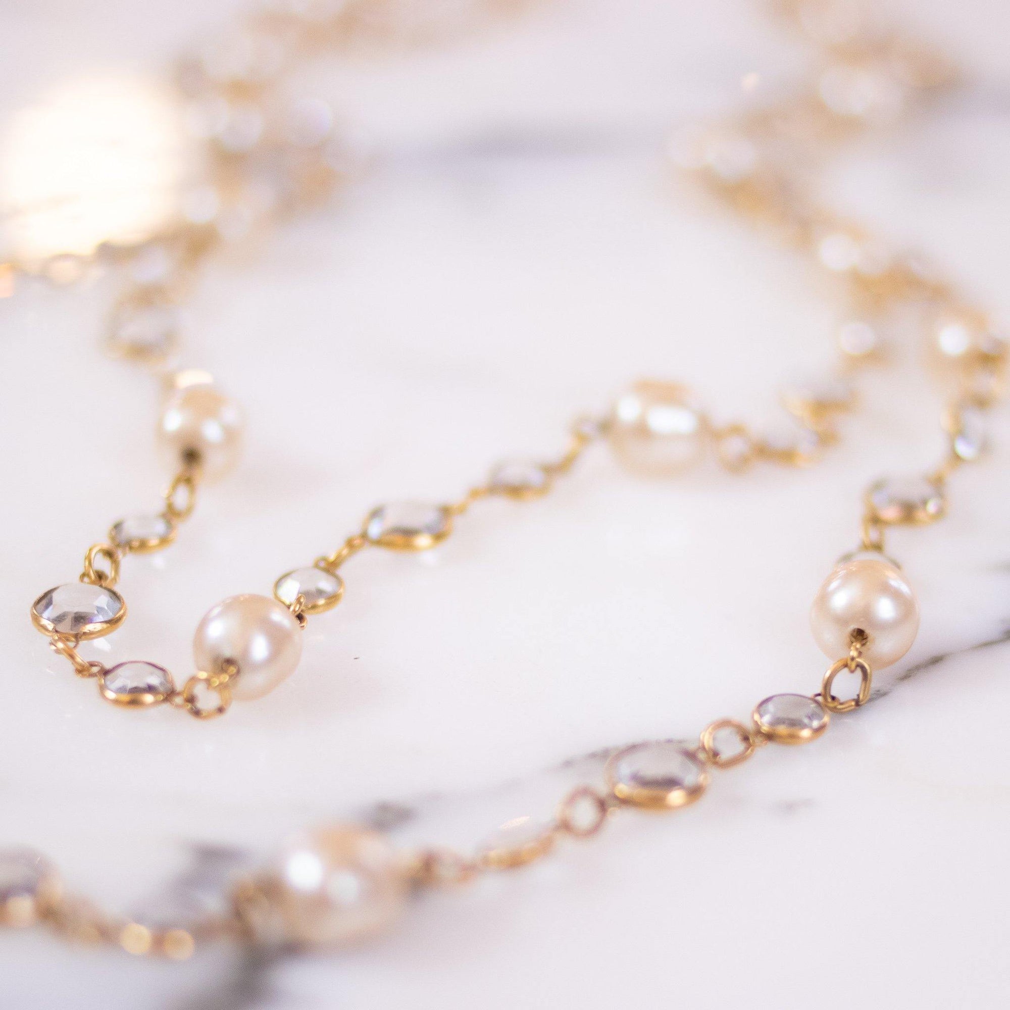 Vintage Chanel Bezel Set Crystal and Pearl Chicklet Sautoir Necklace by Chanel - Vintage Meet Modern Vintage Jewelry - Chicago, Illinois - #oldhollywoodglamour #vintagemeetmodern #designervintage #jewelrybox #antiquejewelry #vintagejewelry